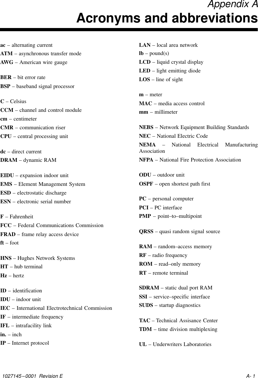 1027145–0001  Revision E A- 1 Appendix AAcronyms and abbreviationsac – alternating currentATM – asynchronous transfer modeAW G   – American wire gaugeBER – bit error rateBSP – baseband signal processorC – CelsiusCCM – channel and control modulecm – centimeterCMR – communication riserCPU – central processing unitdc – direct currentDRAM – dynamic RAMEIDU – expansion indoor unitEMS – Element Management SystemESD – electrostatic dischargeESN – electronic serial numberF – FahrenheitFCC – Federal Communications CommissionFRAD – frame relay access deviceft – footHNS – Hughes Network SystemsHT – hub terminalHz – hertzID – identificationIDU – indoor unitIEC – International Electrotechnical CommissionIF – intermediate frequencyIFL – intrafacility linkin. – inchIP – Internet protocolLAN – local area networklb – pound(s)LCD – liquid crystal displayLED – light emitting diodeLOS – line of sightm – meterMAC – media access controlmm – millimeterNEBS – Network Equipment Building StandardsNEC – National Electric CodeNEMA – National Electrical ManufacturingAssociationNFPA – National Fire Protection AssociationODU – outdoor unitOSPF – open shortest path firstPC – personal computerPCI – PC interfacePMP – point–to–multipointQRSS – quasi random signal sourceRAM – random–access memoryRF – radio frequencyROM – read–only memoryRT – remote terminalSDRAM – static dual port RAMSSI – service–specific interfaceSUDS – startup diagnosticsTAC – Technical Assisance CenterTDM – time division multiplexingUL – Underwriters Laboratories