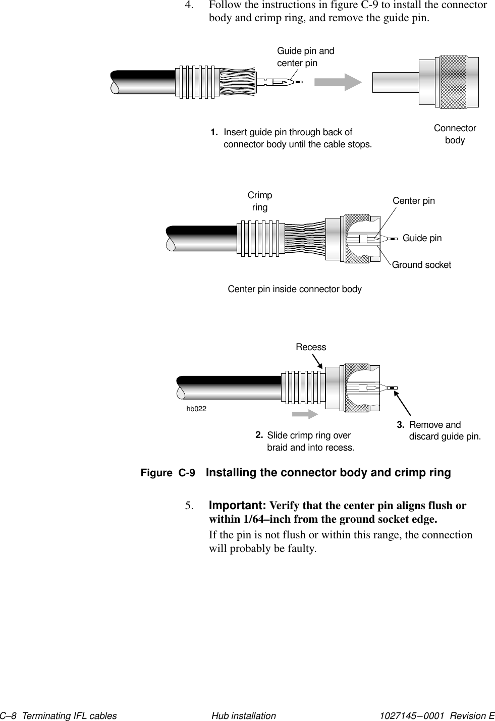 1027145–0001  Revision E C–8  Terminating IFL cables Hub installation4. Follow the instructions in figure C-9 to install the connectorbody and crimp ring, and remove the guide pin.hb022ConnectorbodyGuide pin andcenter pin1. Insert guide pin through back ofconnector body until the cable stops.Crimpring Center pinGuide pinGround socketCenter pin inside connector bodySlide crimp ring overbraid and into recess.2. Remove anddiscard guide pin.3.RecessFigure  C-9 Installing the connector body and crimp ring5. Important: Verify that the center pin aligns flush orwithin 1/64–inch from the ground socket edge.If the pin is not flush or within this range, the connectionwill probably be faulty.