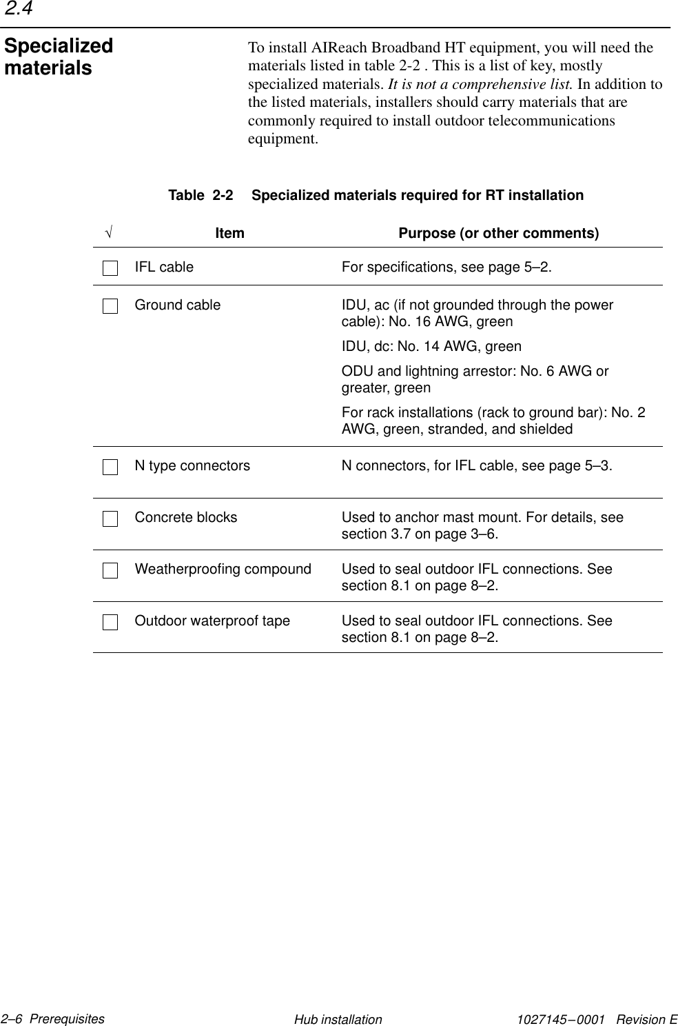 1027145–0001   Revision E 2–6  Prerequisites Hub installationTo install AIReach Broadband HT equipment, you will need thematerials listed in table 2-2 . This is a list of key, mostlyspecialized materials. It is not a comprehensive list. In addition tothe listed materials, installers should carry materials that arecommonly required to install outdoor telecommunicationsequipment.Table  2-2  Specialized materials required for RT installation√Item Purpose (or other comments)IFL cable For specifications, see page 5–2.Ground cable IDU, ac (if not grounded through the powercable): No. 16 AWG, greenIDU, dc: No. 14 AWG, greenODU and lightning arrestor: No. 6 AWG orgreater, greenFor rack installations (rack to ground bar): No. 2AWG, green, stranded, and shieldedN type connectors  N connectors, for IFL cable, see page 5–3.Concrete blocks Used to anchor mast mount. For details, seesection 3.7 on page 3–6.Weatherproofing compound Used to seal outdoor IFL connections. Seesection 8.1 on page 8–2.Outdoor waterproof tape Used to seal outdoor IFL connections. Seesection 8.1 on page 8–2.2.4Specializedmaterials