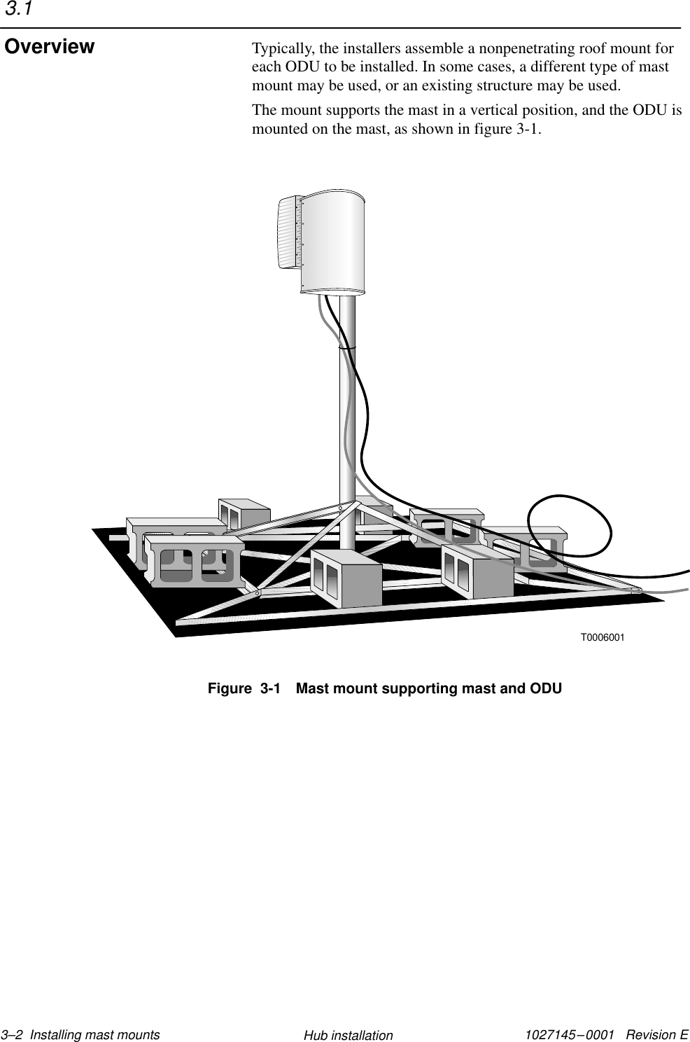 1027145–0001   Revision E 3–2  Installing mast mounts Hub installationTypically, the installers assemble a nonpenetrating roof mount foreach ODU to be installed. In some cases, a different type of mastmount may be used, or an existing structure may be used.The mount supports the mast in a vertical position, and the ODU ismounted on the mast, as shown in figure 3-1.Figure  3-1 Mast mount supporting mast and ODUT00060013.1Overview