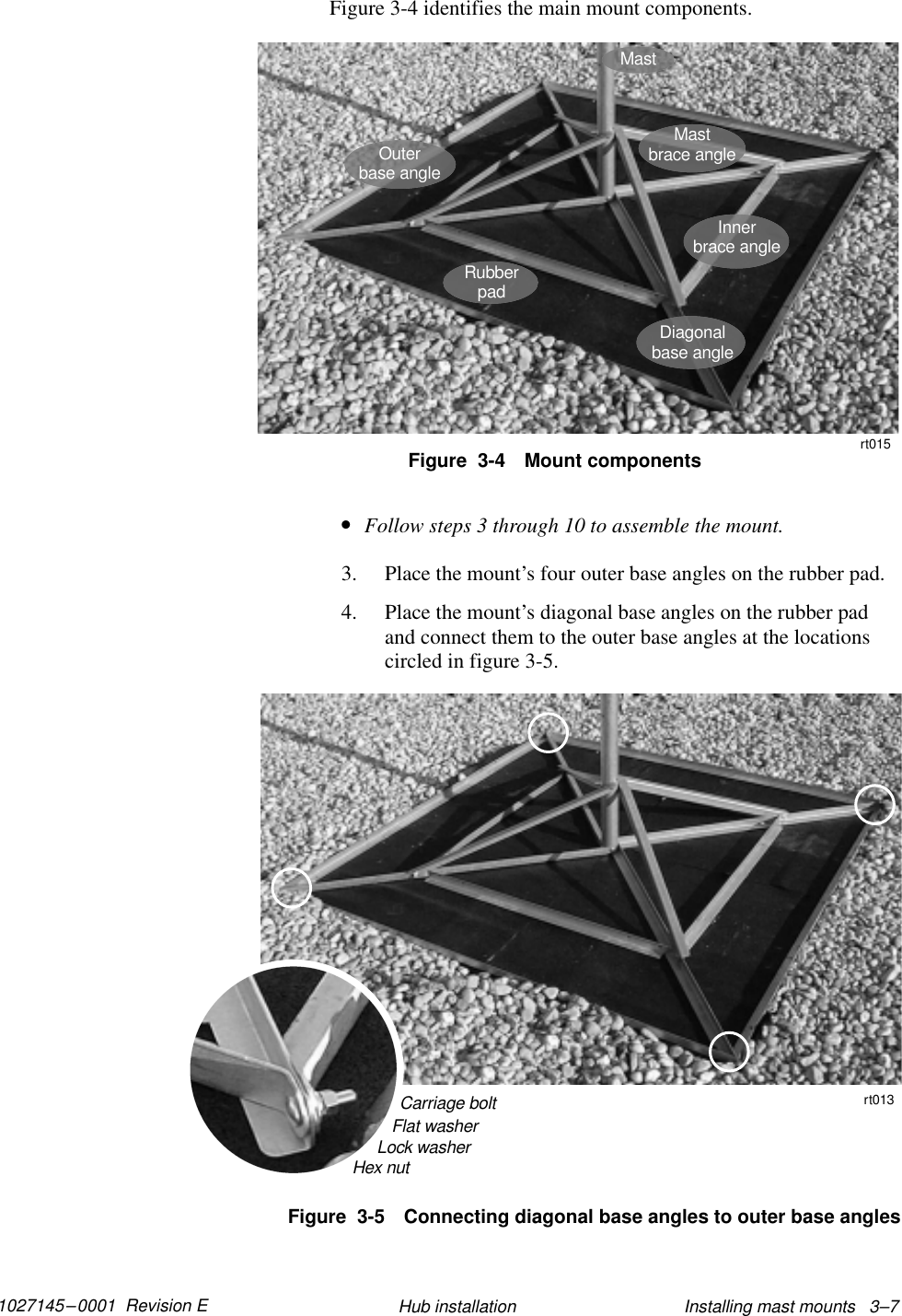 1027145–0001  Revision E Installing mast mounts   3–7Hub installationFigure 3-4 identifies the main mount components.Outerbase angleDiagonalbase angleInnerbrace angleMastMastbrace anglert015RubberpadFigure  3-4 Mount components•Follow steps 3 through 10 to assemble the mount.3. Place the mount’s four outer base angles on the rubber pad.4. Place the mount’s diagonal base angles on the rubber padand connect them to the outer base angles at the locationscircled in figure 3-5.Figure  3-5 Connecting diagonal base angles to outer base anglesCarriage bolt11112222Flat washerLock washerHex nutrt013