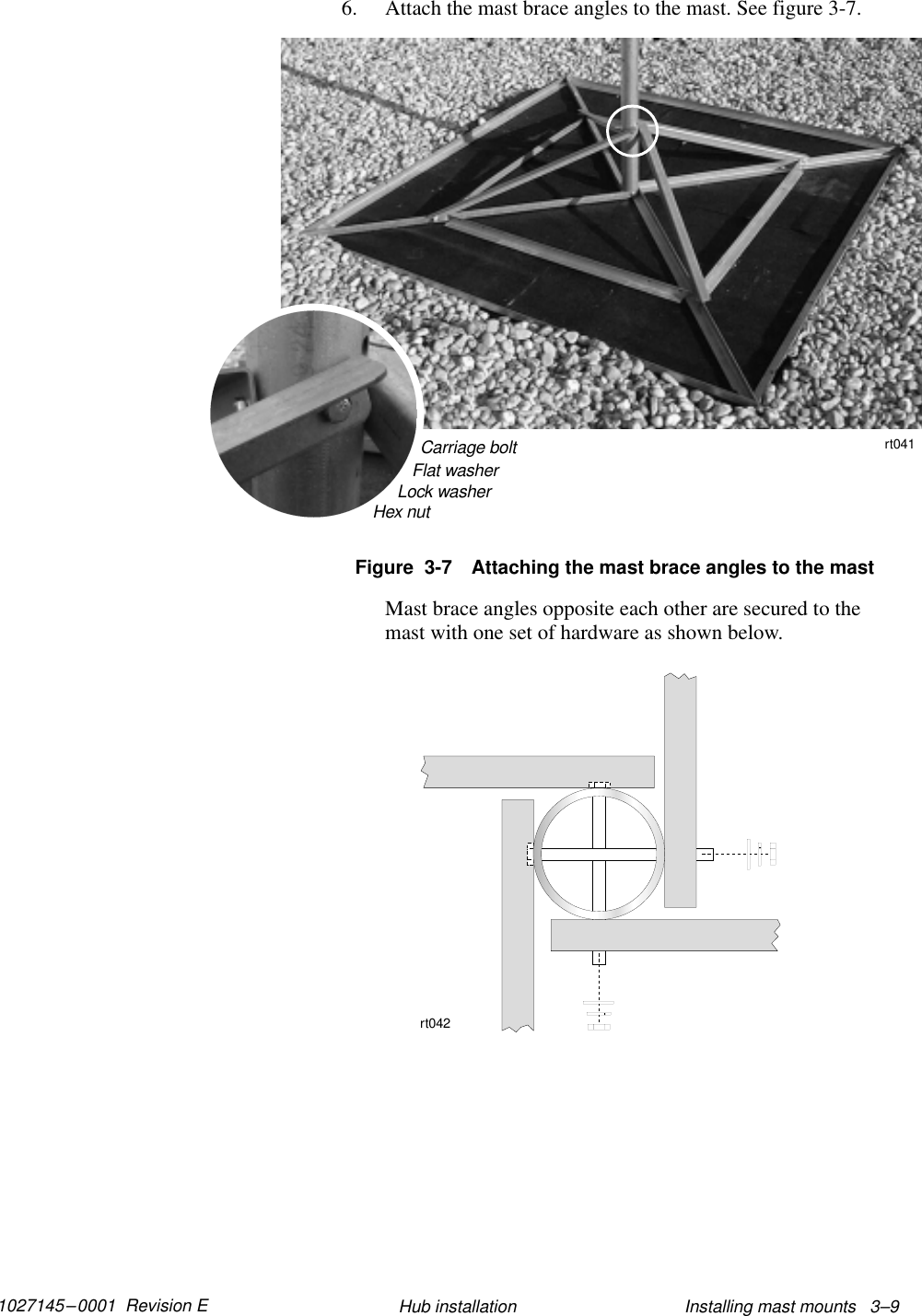 1027145–0001  Revision E Installing mast mounts   3–9Hub installation6. Attach the mast brace angles to the mast. See figure 3-7.Figure  3-7 Attaching the mast brace angles to the mastCarriage bolt11112222Flat washerLock washerHex nutrt041Mast brace angles opposite each other are secured to themast with one set of hardware as shown below.rt042