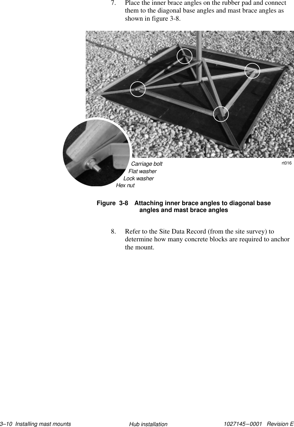 1027145–0001   Revision E 3–10  Installing mast mounts Hub installation7. Place the inner brace angles on the rubber pad and connectthem to the diagonal base angles and mast brace angles asshown in figure 3-8.Figure  3-8 Attaching inner brace angles to diagonal baseangles and mast brace anglesCarriage bolt11112222Flat washerLock washerHex nutrt0168. Refer to the Site Data Record (from the site survey) todetermine how many concrete blocks are required to anchorthe mount.