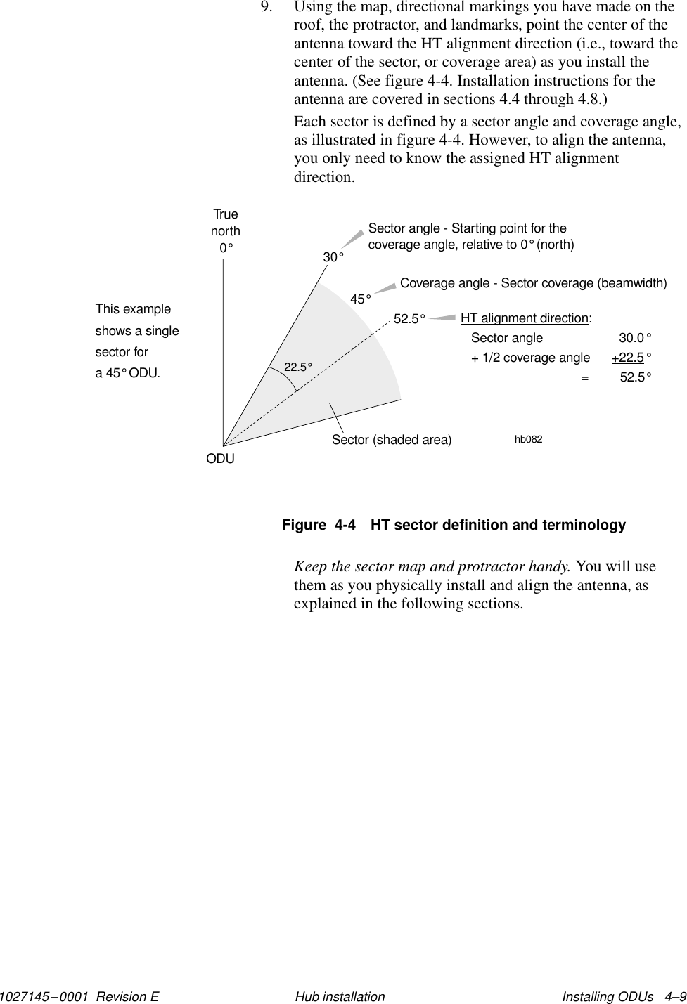 1027145–0001  Revision E Installing ODUs   4–9Hub installation9. Using the map, directional markings you have made on theroof, the protractor, and landmarks, point the center of theantenna toward the HT alignment direction (i.e., toward thecenter of the sector, or coverage area) as you install theantenna. (See figure 4-4. Installation instructions for theantenna are covered in sections 4.4 through 4.8.)Each sector is defined by a sector angle and coverage angle,as illustrated in figure 4-4. However, to align the antenna,you only need to know the assigned HT alignmentdirection.Figure  4-4 HT sector definition and terminologyThis exampleshows a singlesector fora 45 ODU.°hb082Sector angle - Starting point for thecoverage angle, relative to 0° (north)Coverage angle - Sector coverage (beamwidth)HT alignment direction+22.5:Sector angle 30.0+ 1/2 coverage angle= 52.5°°°52.5°30°Truenorth0°45°Sector (shaded area)ODU22.5°Keep the sector map and protractor handy. You will usethem as you physically install and align the antenna, asexplained in the following sections.