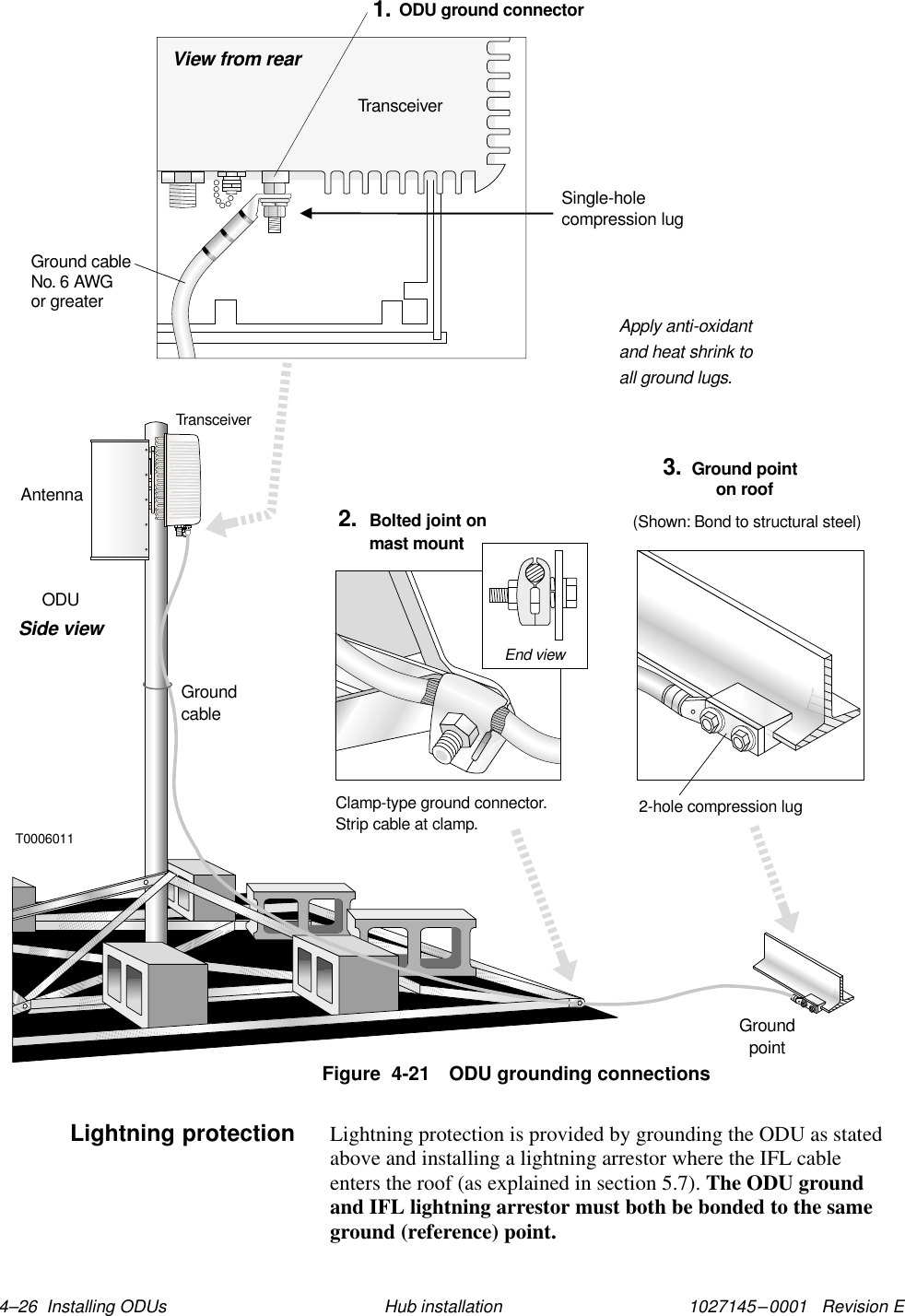 1027145–0001   Revision E 4–26  Installing ODUs Hub installationT0006011AntennaTransceiverGroundpointGroundcableODUSide view2-hole compression lug(Shown: Bond to structural steel)Ground pointon roof3.Apply anti-oxidantand heat shrink toall ground lugs.Single-holecompression lugEnd viewClamp-type ground connector.Strip cable at clamp.Bolted joint onmast mount2.Ground cableNo. 6 AWGor greaterODU ground connector1.View from rearTransceiverFigure  4-21 ODU grounding connectionsLightning protection is provided by grounding the ODU as statedabove and installing a lightning arrestor where the IFL cableenters the roof (as explained in section 5.7). The ODU groundand IFL lightning arrestor must both be bonded to the sameground (reference) point.Lightning protection