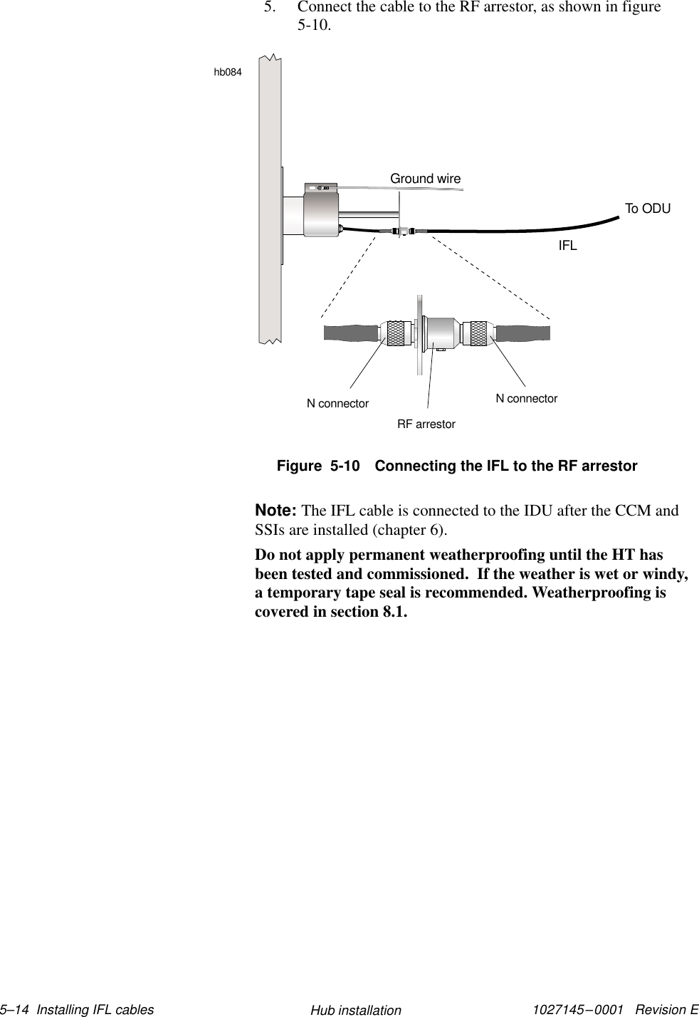 1027145–0001   Revision E 5–14  Installing IFL cables Hub installation5. Connect the cable to the RF arrestor, as shown in figure5-10.Figure  5-10 Connecting the IFL to the RF arrestorhb084Ground wireIFLTo ODUN connectorRF arrestorN connectorNote: The IFL cable is connected to the IDU after the CCM andSSIs are installed (chapter 6).Do not apply permanent weatherproofing until the HT hasbeen tested and commissioned.  If the weather is wet or windy,a temporary tape seal is recommended. Weatherproofing iscovered in section 8.1.