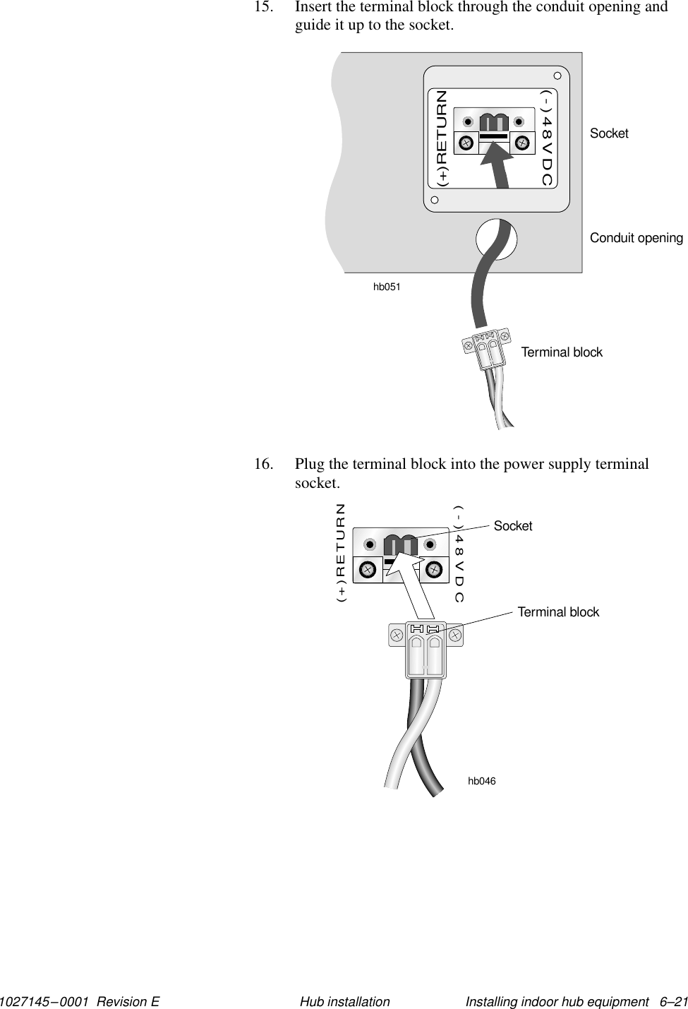 1027145–0001  Revision E Installing indoor hub equipment   6–21Hub installation15. Insert the terminal block through the conduit opening andguide it up to the socket.SocketTerminal blockConduit openinghb051(+)RETURN(-)48VDC16. Plug the terminal block into the power supply terminalsocket.hb046(+)RETURN(-)48VDCSocketTerminal block