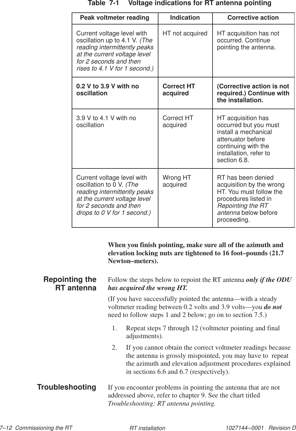 1027144–0001   Revision D 7–12  Commissioning the RT RT installationTable  7-1  Voltage indications for RT antenna pointing   Peak voltmeter reading Indication Corrective actionCurrent voltage level withoscillation up to 4.1 V. (Thereading intermittently peaksat the current voltage levelfor 2 seconds and thenrises to 4.1 V for 1 second.)HT not acquired HT acquisition has notoccurred. Continuepointing the antenna.0.2 V to 3.9 V with nooscillation Correct HTacquired (Corrective action is notrequired.) Continue withthe installation.3.9 V to 4.1 V with nooscillation Correct HTacquired HT acquisition hasoccurred but you mustinstall a mechanicalattenuator beforecontinuing with theinstallation, refer tosection 6.8.Current voltage level withoscillation to 0 V. (Thereading intermittently peaksat the current voltage levelfor 2 seconds and thendrops to 0 V for 1 second.)Wrong HTacquired RT has been deniedacquisition by the wrongHT. You must follow theprocedures listed inRepointing the RTantenna below beforeproceeding.When you finish pointing, make sure all of the azimuth andelevation locking nuts are tightened to 16 foot–pounds (21.7Newton–meters).Follow the steps below to repoint the RT antenna only if the ODUhas acquired the wrong HT.(If you have successfully pointed the antenna—with a steadyvoltmeter reading between 0.2 volts and 3.9 volts—you do notneed to follow steps 1 and 2 below; go on to section 7.5.)1. Repeat steps 7 through 12 (voltmeter pointing and finaladjustments).2. If you cannot obtain the correct voltmeter readings becausethe antenna is grossly mispointed, you may have to  repeatthe azimuth and elevation adjustment procedures explainedin sections 6.6 and 6.7 (respectively).If you encounter problems in pointing the antenna that are notaddressed above, refer to chapter 9. See the chart titledTroubleshooting: RT antenna pointing.Repointing theRT antennaTroubleshooting