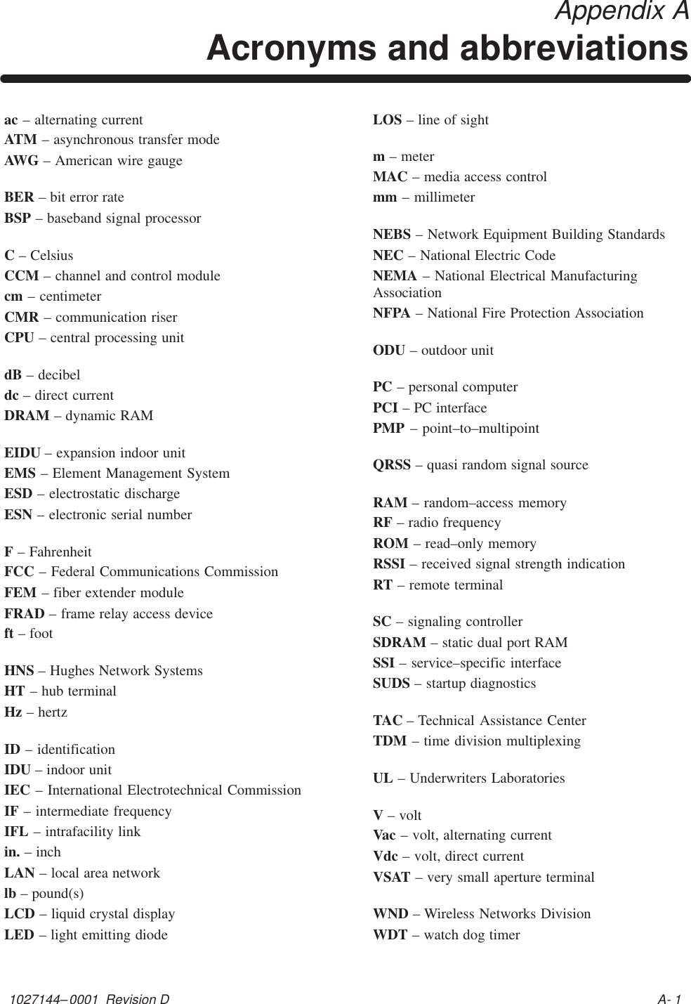 1027144–0001  Revision D A- 1 Appendix AAcronyms and abbreviationsac – alternating currentATM – asynchronous transfer modeAWG – American wire gaugeBER – bit error rateBSP – baseband signal processorC – CelsiusCCM – channel and control modulecm – centimeterCMR – communication riserCPU – central processing unitdB – decibeldc – direct currentDRAM – dynamic RAMEIDU – expansion indoor unitEMS – Element Management SystemESD – electrostatic dischargeESN – electronic serial numberF – FahrenheitFCC – Federal Communications CommissionFEM – fiber extender moduleFRAD – frame relay access deviceft – footHNS – Hughes Network SystemsHT – hub terminalHz – hertzID – identificationIDU – indoor unitIEC – International Electrotechnical CommissionIF – intermediate frequencyIFL – intrafacility linkin. – inchLAN – local area networklb – pound(s)LCD – liquid crystal displayLED – light emitting diodeLOS – line of sightm – meterMAC – media access controlmm – millimeterNEBS – Network Equipment Building StandardsNEC – National Electric CodeNEMA – National Electrical ManufacturingAssociationNFPA – National Fire Protection AssociationODU – outdoor unitPC – personal computerPCI – PC interfacePMP – point–to–multipointQRSS – quasi random signal sourceRAM – random–access memoryRF – radio frequencyROM – read–only memoryRSSI – received signal strength indicationRT – remote terminalSC – signaling controllerSDRAM – static dual port RAMSSI – service–specific interfaceSUDS – startup diagnosticsTAC – Technical Assistance CenterTDM – time division multiplexingUL – Underwriters LaboratoriesV – voltVac – volt, alternating currentVdc – volt, direct currentVSAT – very small aperture terminalWND – Wireless Networks DivisionWDT – watch dog timer