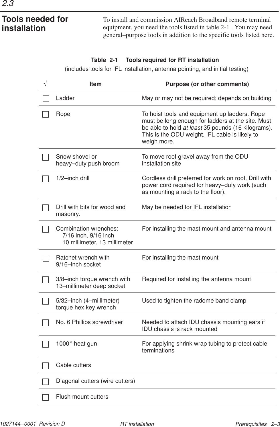 1027144–0001  Revision D Prerequisites   2–3RT installationTo install and commission AIReach Broadband remote terminalequipment, you need the tools listed in table 2-1 . You may needgeneral–purpose tools in addition to the specific tools listed here.Table  2-1  Tools required for RT installation  (includes tools for IFL installation, antenna pointing, and initial testing)√Item Purpose (or other comments)Ladder May or may not be required; depends on buildingRope To hoist tools and equipment up ladders. Ropemust be long enough for ladders at the site. Mustbe able to hold at least 35 pounds (16 kilograms).This is the ODU weight. IFL cable is likely toweigh more.Snow shovel or heavy–duty push broom To move roof gravel away from the ODUinstallation site1/2–inch drill Cordless drill preferred for work on roof. Drill withpower cord required for heavy–duty work (suchas mounting a rack to the floor).Drill with bits for wood andmasonry. May be needed for IFL installationCombination wrenches:7/16 inch, 9/16 inch10 millimeter, 13 millimeterFor installing the mast mount and antenna mountRatchet wrench with9/16–inch socket For installing the mast mount3/8–inch torque wrench with13–millimeter deep socket Required for installing the antenna mount5/32–inch (4–millimeter)torque hex key wrench Used to tighten the radome band clampNo. 6 Phillips screwdriver Needed to attach IDU chassis mounting ears ifIDU chassis is rack mounted1000° heat gun For applying shrink wrap tubing to protect cableterminationsCable cuttersDiagonal cutters (wire cutters)Flush mount cutters2.3Tools needed forinstallation