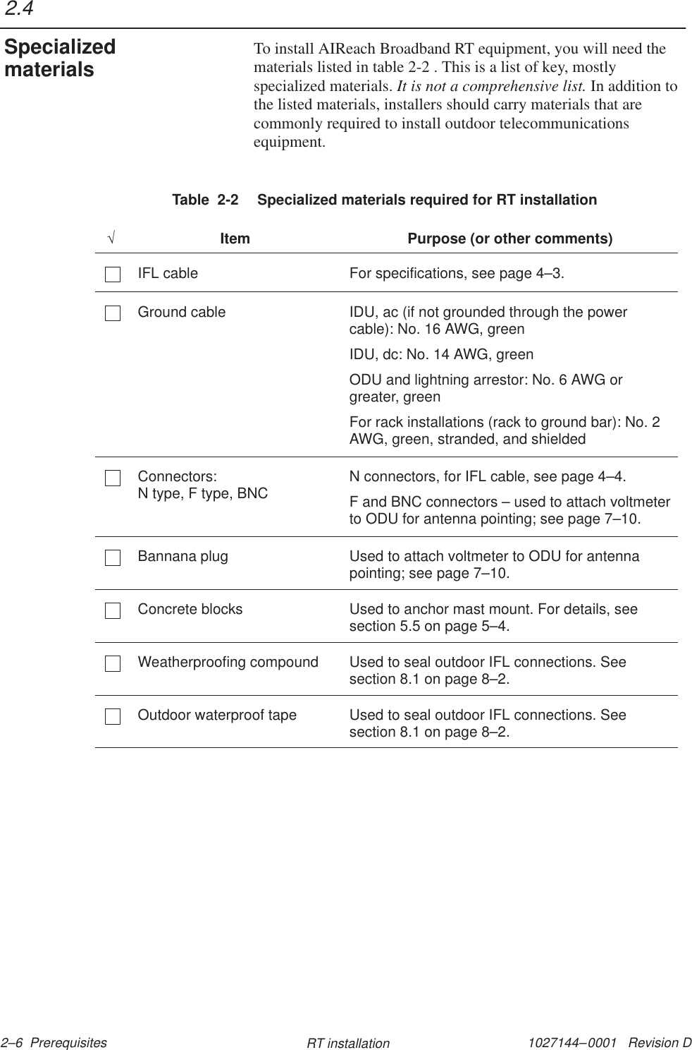 1027144–0001   Revision D 2–6  Prerequisites RT installationTo install AIReach Broadband RT equipment, you will need thematerials listed in table 2-2 . This is a list of key, mostlyspecialized materials. It is not a comprehensive list. In addition tothe listed materials, installers should carry materials that arecommonly required to install outdoor telecommunicationsequipment.Table  2-2  Specialized materials required for RT installation√Item Purpose (or other comments)IFL cable For specifications, see page 4–3.Ground cable IDU, ac (if not grounded through the powercable): No. 16 AWG, greenIDU, dc: No. 14 AWG, greenODU and lightning arrestor: No. 6 AWG orgreater, greenFor rack installations (rack to ground bar): No. 2AWG, green, stranded, and shieldedConnectors: N type, F type, BNC N connectors, for IFL cable, see page 4–4.F and BNC connectors – used to attach voltmeterto ODU for antenna pointing; see page 7–10.Bannana plug Used to attach voltmeter to ODU for antennapointing; see page 7–10.Concrete blocks Used to anchor mast mount. For details, seesection 5.5 on page 5–4.Weatherproofing compound Used to seal outdoor IFL connections. Seesection 8.1 on page 8–2.Outdoor waterproof tape Used to seal outdoor IFL connections. Seesection 8.1 on page 8–2.2.4Specializedmaterials