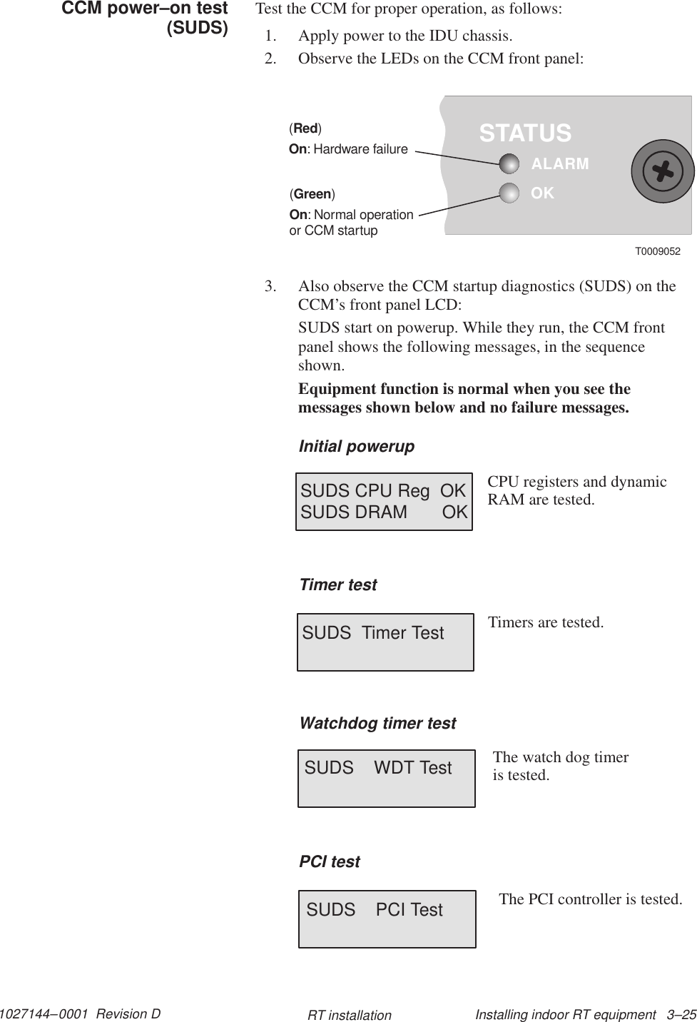 1027144–0001  Revision D Installing indoor RT equipment   3–25RT installationTest the CCM for proper operation, as follows:1. Apply power to the IDU chassis.2. Observe the LEDs on the CCM front panel:OKSTATUSALARM()RedOn: Hardware failure()GreenOn: Normal operationor CCM startupT00090523. Also observe the CCM startup diagnostics (SUDS) on theCCM’s front panel LCD:SUDS start on powerup. While they run, the CCM frontpanel shows the following messages, in the sequenceshown.Equipment function is normal when you see themessages shown below and no failure messages.Initial powerupSUDS CPU Reg  OKSUDS DRAM       OKCPU registers and dynamic RAM are tested.Timer testSUDS  Timer Test Timers are tested.Watchdog timer testSUDS    WDT Test The watch dog timer is tested.PCI testSUDS    PCI Test The PCI controller is tested.CCM power–on test(SUDS)