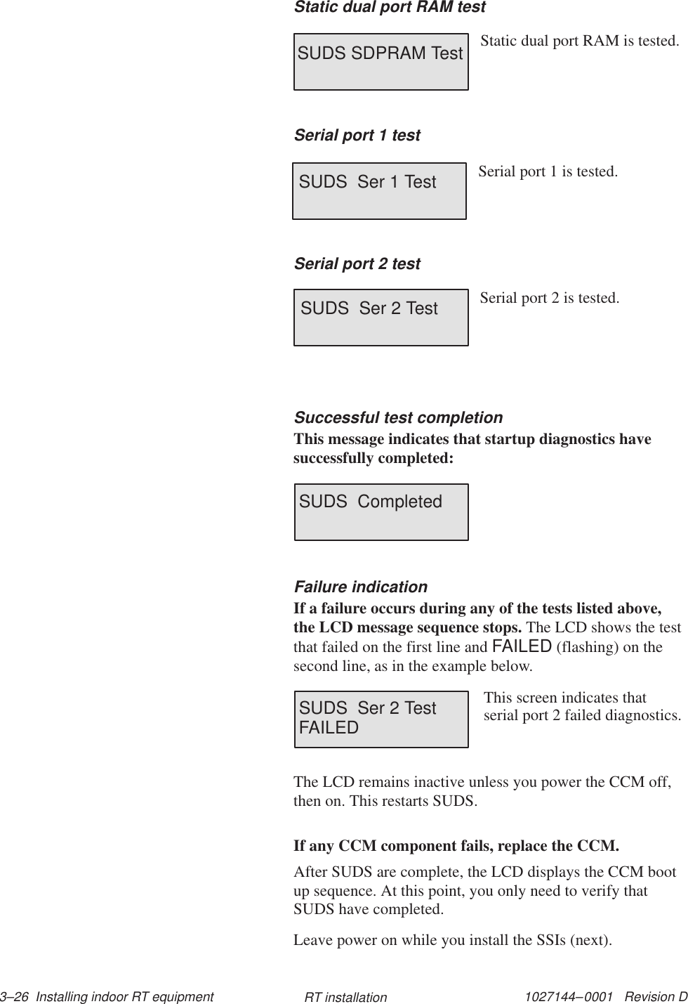 1027144–0001   Revision D 3–26  Installing indoor RT equipment RT installationStatic dual port RAM testSUDS SDPRAM Test Static dual port RAM is tested.Serial port 1 testSUDS  Ser 1 Test Serial port 1 is tested.Serial port 2 testSUDS  Ser 2 Test Serial port 2 is tested.Successful test completionThis message indicates that startup diagnostics havesuccessfully completed:SUDS  CompletedFailure indicationIf a failure occurs during any of the tests listed above,the LCD message sequence stops. The LCD shows the testthat failed on the first line and FAILED (flashing) on thesecond line, as in the example below.SUDS  Ser 2 TestFAILEDThis screen indicates thatserial port 2 failed diagnostics.The LCD remains inactive unless you power the CCM off,then on. This restarts SUDS.If any CCM component fails, replace the CCM.After SUDS are complete, the LCD displays the CCM bootup sequence. At this point, you only need to verify thatSUDS have completed.Leave power on while you install the SSIs (next).