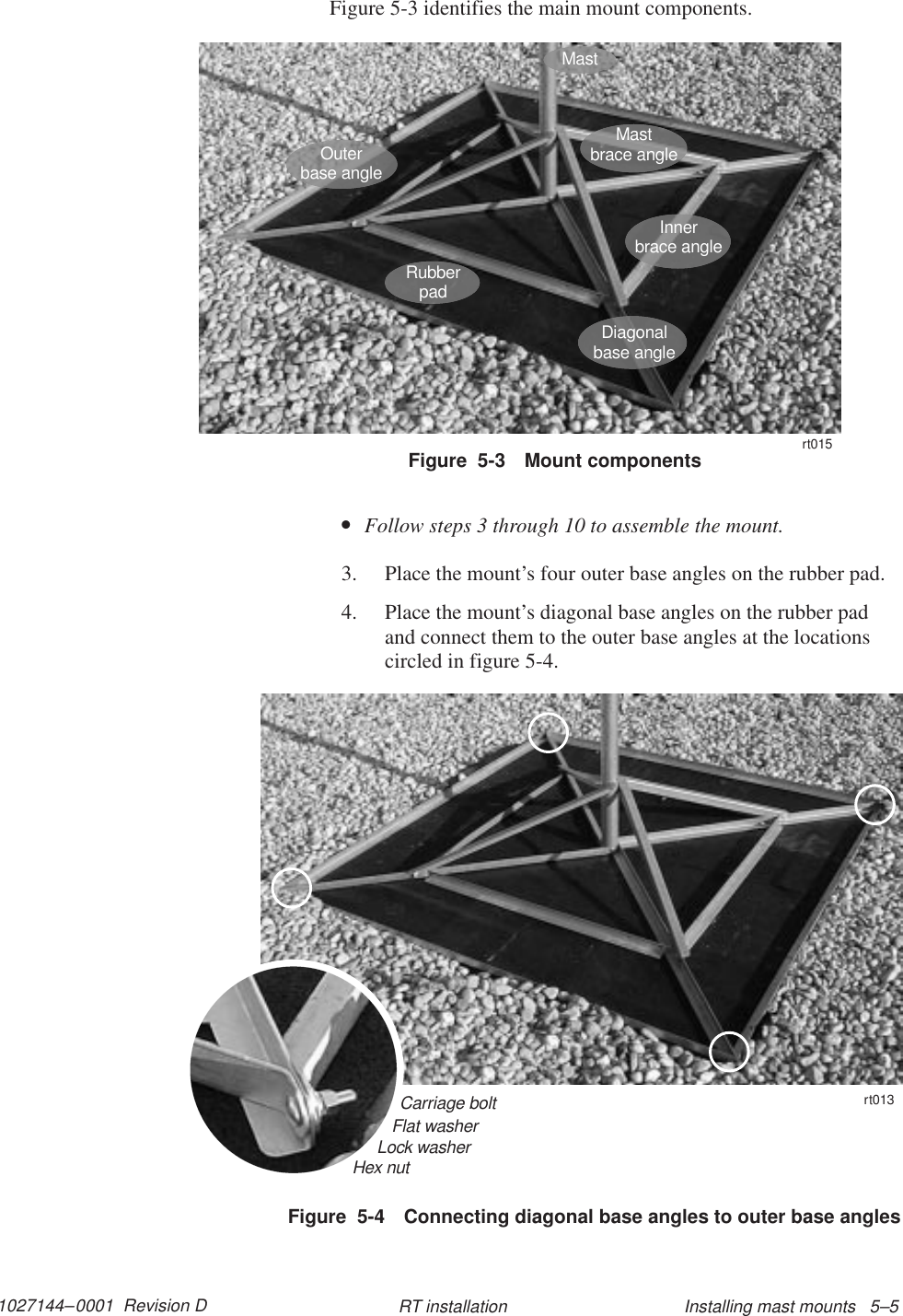 1027144–0001  Revision D Installing mast mounts   5–5RT installationFigure 5-3 identifies the main mount components.Figure  5-3 Mount componentsOuterbase angleDiagonalbase angleInnerbrace angleMastMastbrace anglert015Rubberpad•Follow steps 3 through 10 to assemble the mount.3. Place the mount’s four outer base angles on the rubber pad.4. Place the mount’s diagonal base angles on the rubber padand connect them to the outer base angles at the locationscircled in figure 5-4.Figure  5-4 Connecting diagonal base angles to outer base anglesCarriage bolt11112222Flat washerLock washerHex nutrt013