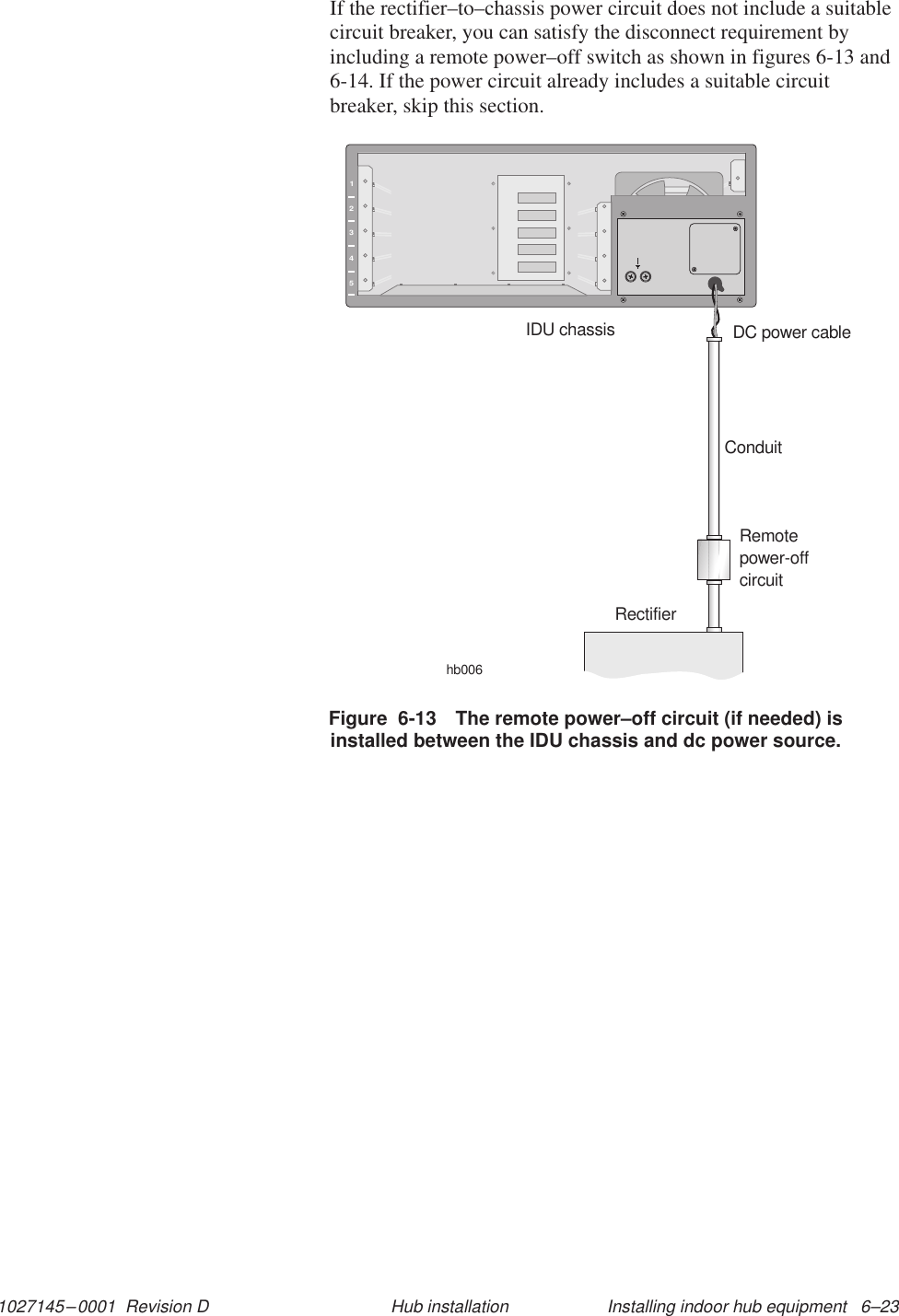 1027145–0001  Revision D Installing indoor hub equipment   6–23Hub installationIf the rectifier–to–chassis power circuit does not include a suitablecircuit breaker, you can satisfy the disconnect requirement byincluding a remote power–off switch as shown in figures 6-13 and6-14. If the power circuit already includes a suitable circuitbreaker, skip this section.12345hb006DC power cableConduitRemotepower-offcircuitRectifierIDU chassisFigure  6-13 The remote power–off circuit (if needed) isinstalled between the IDU chassis and dc power source.