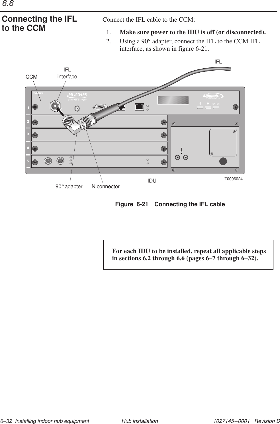 1027145–0001   Revision D 6–32  Installing indoor hub equipment Hub installationConnect the IFL cable to the CCM:1. Make sure power to the IDU is off (or disconnected).2. Using a 90° adapter, connect the IFL to the CCM IFLinterface, as shown in figure 6-21.T0006024CCMIDUIFLinterface12345TMBROADBANDENTERHUB CCMIFLN connector90 adapter°Figure  6-21 Connecting the IFL cableFor each IDU to be installed, repeat all applicable steps in sections 6.2 through 6.6 (pages 6–7 through 6–32).6.6Connecting the IFLto the CCM