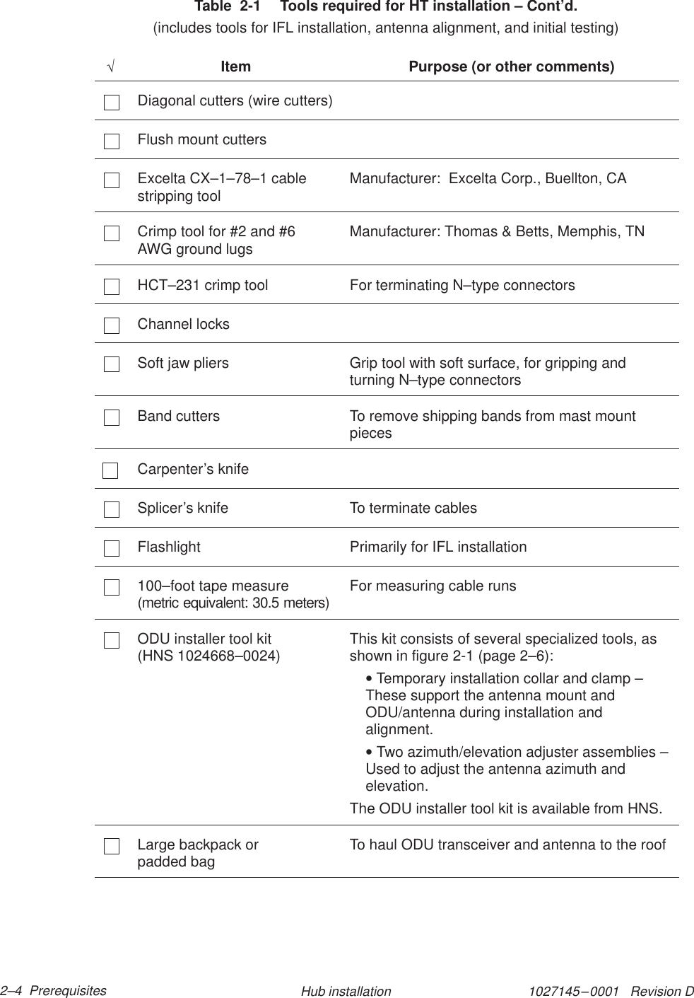 1027145–0001   Revision D 2–4  Prerequisites Hub installationTable  2-1  Tools required for HT installation – Cont’d.(includes tools for IFL installation, antenna alignment, and initial testing)√Purpose (or other comments)ItemDiagonal cutters (wire cutters)Flush mount cuttersExcelta CX–1–78–1 cablestripping tool Manufacturer:  Excelta Corp., Buellton, CACrimp tool for #2 and #6AWG ground lugs Manufacturer: Thomas &amp; Betts, Memphis, TNHCT–231 crimp tool For terminating N–type connectorsChannel locksSoft jaw pliers Grip tool with soft surface, for gripping andturning N–type connectorsBand cutters To remove shipping bands from mast mountpiecesCarpenter’s knifeSplicer’s knife To terminate cablesFlashlight Primarily for IFL installation100–foot tape measure(metric equivalent: 30.5 meters) For measuring cable runsODU installer tool kit(HNS 1024668–0024) This kit consists of several specialized tools, asshown in figure 2-1 (page 2–6):• Temporary installation collar and clamp –These support the antenna mount andODU/antenna during installation andalignment.• Two azimuth/elevation adjuster assemblies –Used to adjust the antenna azimuth andelevation.The ODU installer tool kit is available from HNS.Large backpack or padded bag To haul ODU transceiver and antenna to the roof