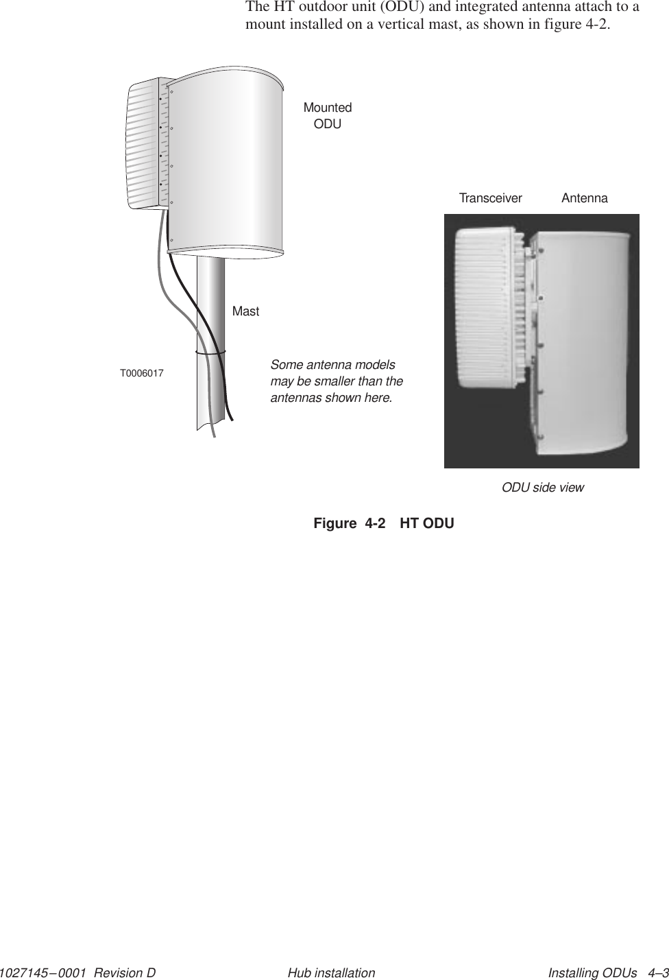 1027145–0001  Revision D Installing ODUs   4–3Hub installationThe HT outdoor unit (ODU) and integrated antenna attach to amount installed on a vertical mast, as shown in figure 4-2.T0006017ODU side viewTransceiver AntennaMastMountedODUSome antenna modelsmay be smaller than theantennas shown here.Figure  4-2 HT ODU