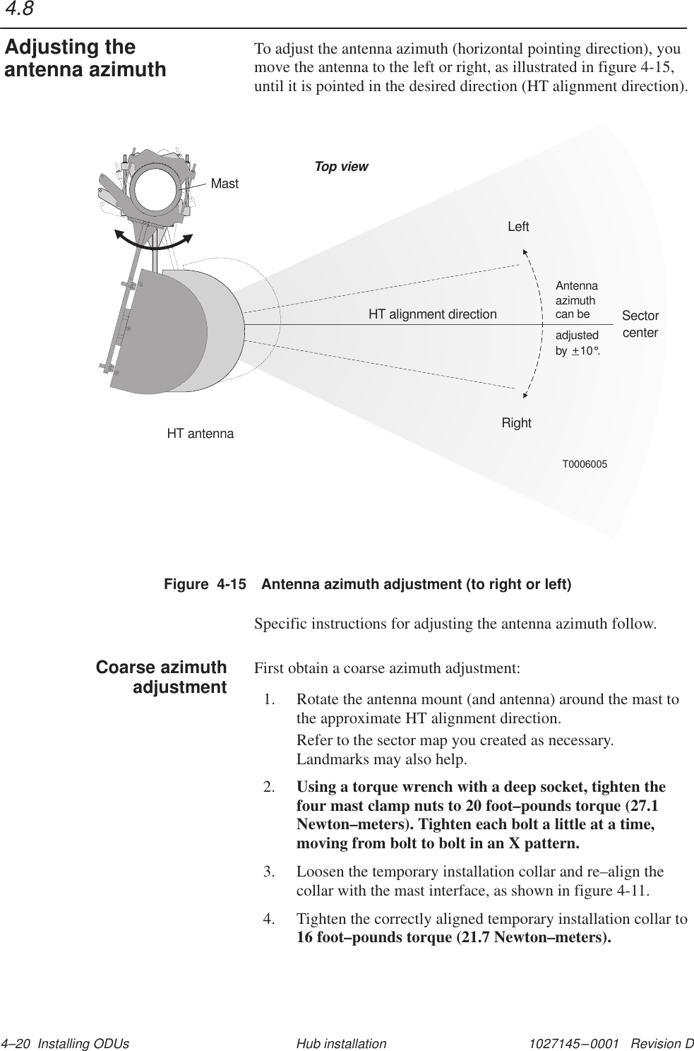 1027145–0001   Revision D 4–20  Installing ODUs Hub installationTo adjust the antenna azimuth (horizontal pointing direction), youmove the antenna to the left or right, as illustrated in figure 4-15,until it is pointed in the desired direction (HT alignment direction).MastSectorcenterHT antennaHT alignment directionT0006005Top viewLeftRightadjustedby    10 .°+_Antennaazimuthcan beFigure  4-15 Antenna azimuth adjustment (to right or left)Specific instructions for adjusting the antenna azimuth follow.First obtain a coarse azimuth adjustment:1. Rotate the antenna mount (and antenna) around the mast tothe approximate HT alignment direction.Refer to the sector map you created as necessary.Landmarks may also help.2. Using a torque wrench with a deep socket, tighten thefour mast clamp nuts to 20 foot–pounds torque (27.1Newton–meters). Tighten each bolt a little at a time,moving from bolt to bolt in an X pattern.3. Loosen the temporary installation collar and re–align thecollar with the mast interface, as shown in figure 4-11.4. Tighten the correctly aligned temporary installation collar to16 foot–pounds torque (21.7 Newton–meters).4.8Adjusting theantenna azimuthCoarse azimuthadjustment