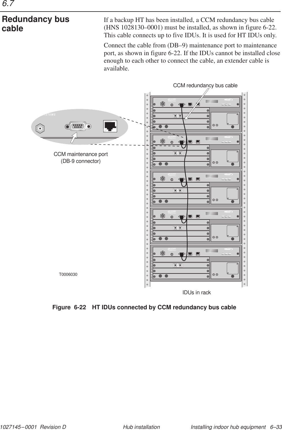 1027145–0001  Revision D Installing indoor hub equipment   6–33Hub installationIf a backup HT has been installed, a CCM redundancy bus cable(HNS 1028130–0001) must be installed, as shown in figure 6-22.This cable connects up to five IDUs. It is used for HT IDUs only.Connect the cable from (DB–9) maintenance port to maintenanceport, as shown in figure 6-22. If the IDUs cannot be installed closeenough to each other to connect the cable, an extender cable isavailable.Figure  6-22 HT IDUs connected by CCM redundancy bus cableT000603012345TMBROADBAND12345TMBROADBAND12345TMBROADBAND12345TMBROADBAND12345TMBROADBANDCCM maintenance port(DB-9 connector)IDUs in rackCCM redundancy bus cable6.7Redundancy buscable