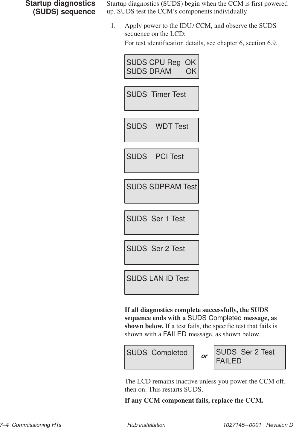 1027145–0001   Revision D 7–4  Commissioning HTs Hub installationStartup diagnostics (SUDS) begin when the CCM is first poweredup. SUDS test the CCM’s components individually1. Apply power to the IDU/ CCM, and observe the SUDSsequence on the LCD:For test identification details, see chapter 6, section 6.9.SUDS  Timer TestSUDS    WDT TestSUDS    PCI TestSUDS SDPRAM TestSUDS  Ser 1 TestSUDS  Ser 2 TestSUDS LAN ID TestSUDS CPU Reg  OKSUDS DRAM       OKIf all diagnostics complete successfully, the SUDSsequence ends with a SUDS Completed message, asshown below. If a test fails, the specific test that fails isshown with a FAILED message, as shown below.SUDS  Completed SUDS  Ser 2 TestFAILEDorThe LCD remains inactive unless you power the CCM off,then on. This restarts SUDS.If any CCM component fails, replace the CCM.Startup diagnostics(SUDS) sequence