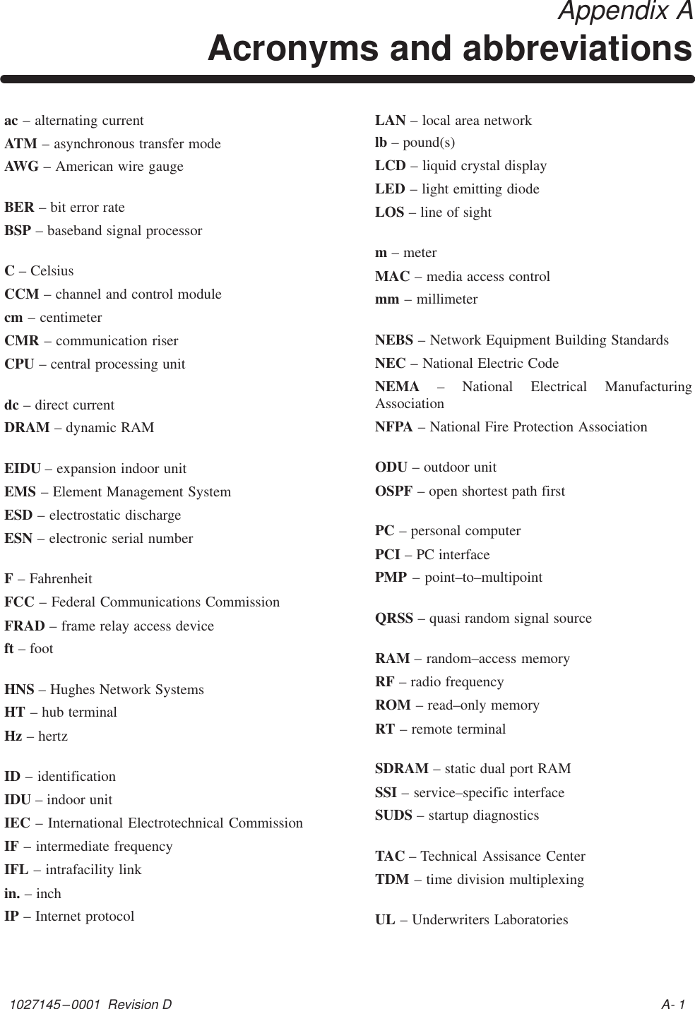 1027145–0001  Revision D A- 1 Appendix AAcronyms and abbreviationsac – alternating currentATM – asynchronous transfer modeAWG – American wire gaugeBER – bit error rateBSP – baseband signal processorC – CelsiusCCM – channel and control modulecm – centimeterCMR – communication riserCPU – central processing unitdc – direct currentDRAM – dynamic RAMEIDU – expansion indoor unitEMS – Element Management SystemESD – electrostatic dischargeESN – electronic serial numberF – FahrenheitFCC – Federal Communications CommissionFRAD – frame relay access deviceft – footHNS – Hughes Network SystemsHT – hub terminalHz – hertzID – identificationIDU – indoor unitIEC – International Electrotechnical CommissionIF – intermediate frequencyIFL – intrafacility linkin. – inchIP – Internet protocolLAN – local area networklb – pound(s)LCD – liquid crystal displayLED – light emitting diodeLOS – line of sightm – meterMAC – media access controlmm – millimeterNEBS – Network Equipment Building StandardsNEC – National Electric CodeNEMA – National Electrical ManufacturingAssociationNFPA – National Fire Protection AssociationODU – outdoor unitOSPF – open shortest path firstPC – personal computerPCI – PC interfacePMP – point–to–multipointQRSS – quasi random signal sourceRAM – random–access memoryRF – radio frequencyROM – read–only memoryRT – remote terminalSDRAM – static dual port RAMSSI – service–specific interfaceSUDS – startup diagnosticsTAC – Technical Assisance CenterTDM – time division multiplexingUL – Underwriters Laboratories