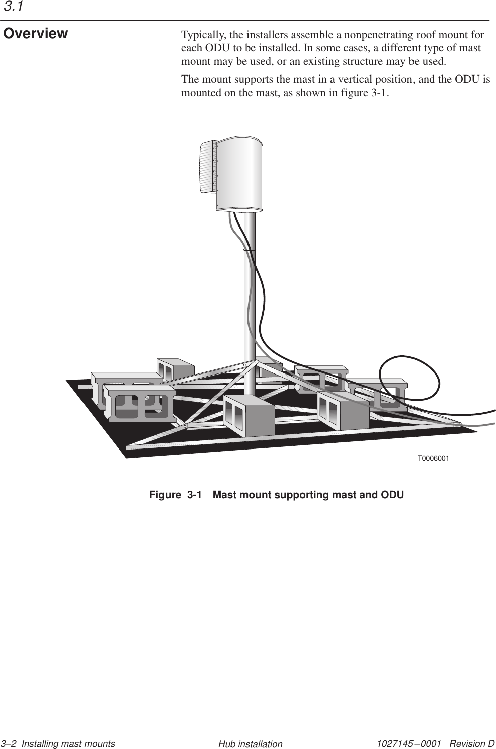 1027145–0001   Revision D 3–2  Installing mast mounts Hub installationTypically, the installers assemble a nonpenetrating roof mount foreach ODU to be installed. In some cases, a different type of mastmount may be used, or an existing structure may be used.The mount supports the mast in a vertical position, and the ODU ismounted on the mast, as shown in figure 3-1.Figure  3-1 Mast mount supporting mast and ODUT00060013.1Overview