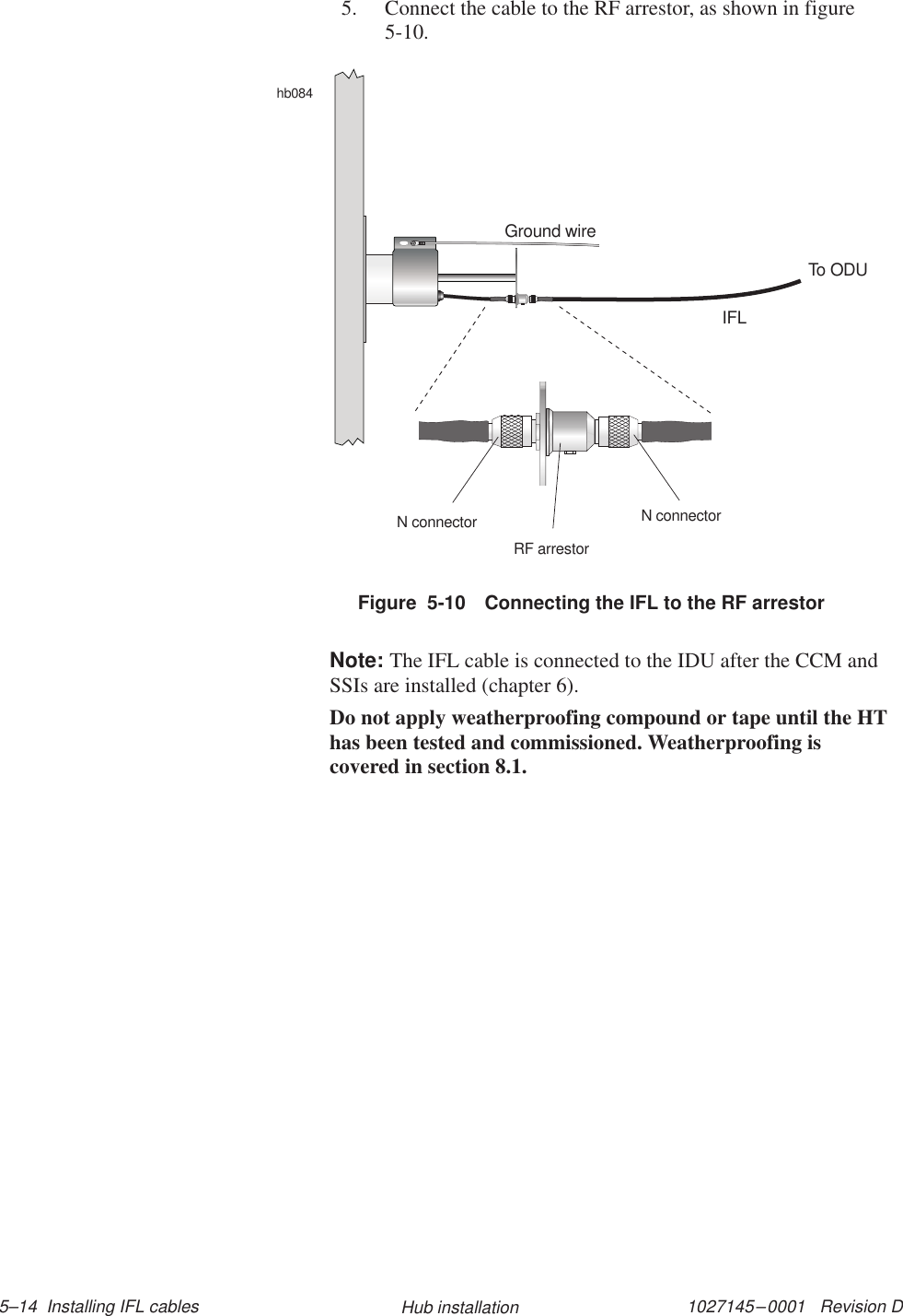 1027145–0001   Revision D 5–14  Installing IFL cables Hub installation5. Connect the cable to the RF arrestor, as shown in figure5-10.Figure  5-10 Connecting the IFL to the RF arrestorhb084Ground wireIFLTo ODUN connectorRF arrestorN connectorNote: The IFL cable is connected to the IDU after the CCM andSSIs are installed (chapter 6).Do not apply weatherproofing compound or tape until the HThas been tested and commissioned. Weatherproofing iscovered in section 8.1.