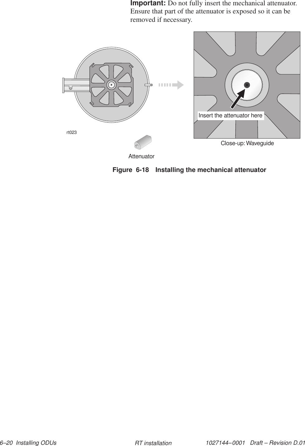 1027144–0001   Draft – Revision D.01 6–20  Installing ODUs RT installationImportant: Do not fully insert the mechanical attenuator.Ensure that part of the attenuator is exposed so it can beremoved if necessary.Figure  6-18 Installing the mechanical attenuatorrt023Close-up: WaveguideInsert the attenuator hereAttenuator