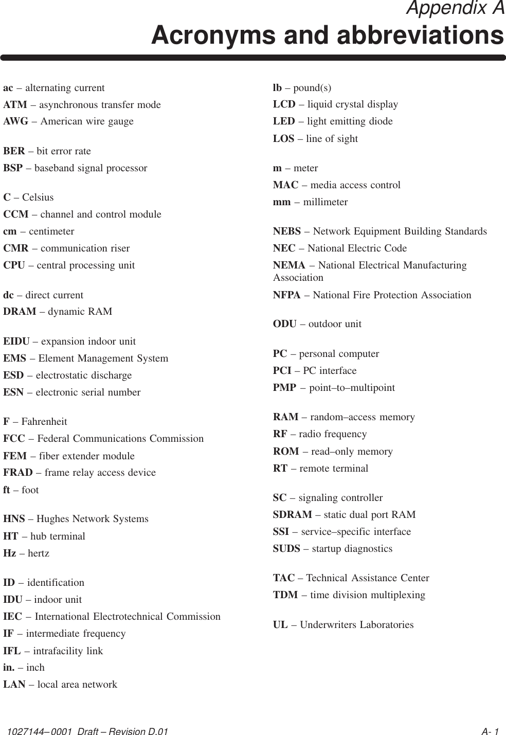 1027144–0001  Draft – Revision D.01 A- 1 Appendix AAcronyms and abbreviationsac – alternating currentATM – asynchronous transfer modeAWG – American wire gaugeBER – bit error rateBSP – baseband signal processorC – CelsiusCCM – channel and control modulecm – centimeterCMR – communication riserCPU – central processing unitdc – direct currentDRAM – dynamic RAMEIDU – expansion indoor unitEMS – Element Management SystemESD – electrostatic dischargeESN – electronic serial numberF – FahrenheitFCC – Federal Communications CommissionFEM – fiber extender moduleFRAD – frame relay access deviceft – footHNS – Hughes Network SystemsHT – hub terminalHz – hertzID – identificationIDU – indoor unitIEC – International Electrotechnical CommissionIF – intermediate frequencyIFL – intrafacility linkin. – inchLAN – local area networklb – pound(s)LCD – liquid crystal displayLED – light emitting diodeLOS – line of sightm – meterMAC – media access controlmm – millimeterNEBS – Network Equipment Building StandardsNEC – National Electric CodeNEMA – National Electrical ManufacturingAssociationNFPA – National Fire Protection AssociationODU – outdoor unitPC – personal computerPCI – PC interfacePMP – point–to–multipointRAM – random–access memoryRF – radio frequencyROM – read–only memoryRT – remote terminalSC – signaling controllerSDRAM – static dual port RAMSSI – service–specific interfaceSUDS – startup diagnosticsTAC – Technical Assistance CenterTDM – time division multiplexingUL – Underwriters Laboratories