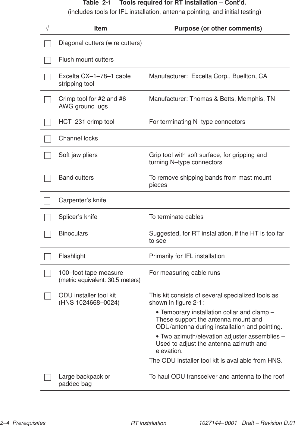 1027144–0001   Draft – Revision D.01 2–4  Prerequisites RT installationTable  2-1  Tools required for RT installation – Cont’d.(includes tools for IFL installation, antenna pointing, and initial testing)√Purpose (or other comments)ItemDiagonal cutters (wire cutters)Flush mount cuttersExcelta CX–1–78–1 cablestripping tool Manufacturer:  Excelta Corp., Buellton, CACrimp tool for #2 and #6AWG ground lugs Manufacturer: Thomas &amp; Betts, Memphis, TNHCT–231 crimp tool For terminating N–type connectorsChannel locksSoft jaw pliers Grip tool with soft surface, for gripping andturning N–type connectorsBand cutters To remove shipping bands from mast mountpiecesCarpenter’s knifeSplicer’s knife To terminate cablesBinoculars Suggested, for RT installation, if the HT is too farto seeFlashlight Primarily for IFL installation100–foot tape measure(metric equivalent: 30.5 meters) For measuring cable runsODU installer tool kit(HNS 1024668–0024) This kit consists of several specialized tools asshown in figure 2-1:• Temporary installation collar and clamp –These support the antenna mount andODU/antenna during installation and pointing.• Two azimuth/elevation adjuster assemblies –Used to adjust the antenna azimuth andelevation.The ODU installer tool kit is available from HNS.Large backpack or padded bag To haul ODU transceiver and antenna to the roof