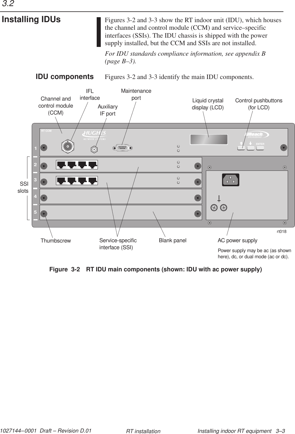 1027144–0001  Draft – Revision D.01 Installing indoor RT equipment   3–3RT installationFigures 3-2 and 3-3 show the RT indoor unit (IDU), which housesthe channel and control module (CCM) and service–specificinterfaces (SSIs). The IDU chassis is shipped with the powersupply installed, but the CCM and SSIs are not installed.For IDU standards compliance information, see appendix B(page B–3).Figures 3-2 and 3-3 identify the main IDU components.Figure  3-2 RT IDU main components (shown: IDU with ac power supply)12345TMBROADBANDENTERRT CCMrt018Channel andcontrol module(CCM)Service-specificinterface (SSI)Blank panelThumbscrew AC power supplyLiquid crystaldisplay (LCD)Control pushbuttons(for LCD)IFLinterfaceMaintenanceportSSIslotsPower supply may be ac (as shownhere), dc, or dual mode (ac or dc).AuxiliaryIF port3.2Installing IDUsIDU components