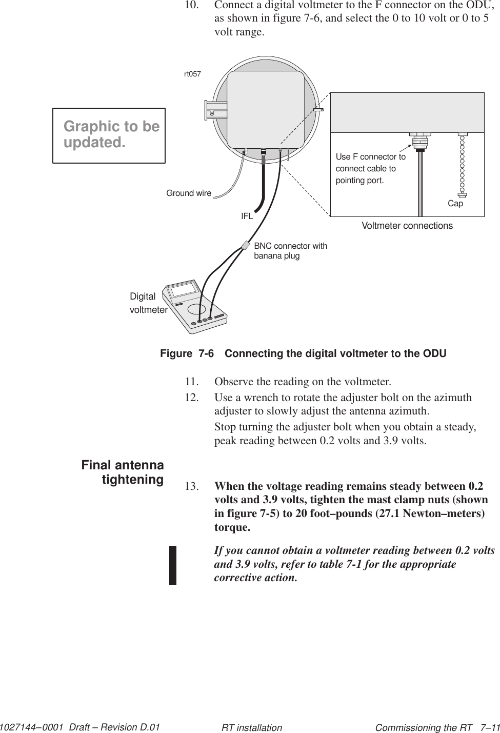 1027144–0001  Draft – Revision D.01 Commissioning the RT   7–11RT installation10. Connect a digital voltmeter to the F connector on the ODU,as shown in figure 7-6, and select the 0 to 10 volt or 0 to 5volt range.Figure  7-6 Connecting the digital voltmeter to the ODUDigitalvoltmeterVoltmeter connectionsIFLGround wireUse F connector toconnect cable topointing port.Caprt057BNC connector withbanana plugGraphic to beupdated.11. Observe the reading on the voltmeter.12. Use a wrench to rotate the adjuster bolt on the azimuthadjuster to slowly adjust the antenna azimuth.Stop turning the adjuster bolt when you obtain a steady,peak reading between 0.2 volts and 3.9 volts.13. When the voltage reading remains steady between 0.2volts and 3.9 volts, tighten the mast clamp nuts (shownin figure 7-5) to 20 foot–pounds (27.1 Newton–meters)torque.If you cannot obtain a voltmeter reading between 0.2 voltsand 3.9 volts, refer to table 7-1 for the appropriatecorrective action.Final antennatightening