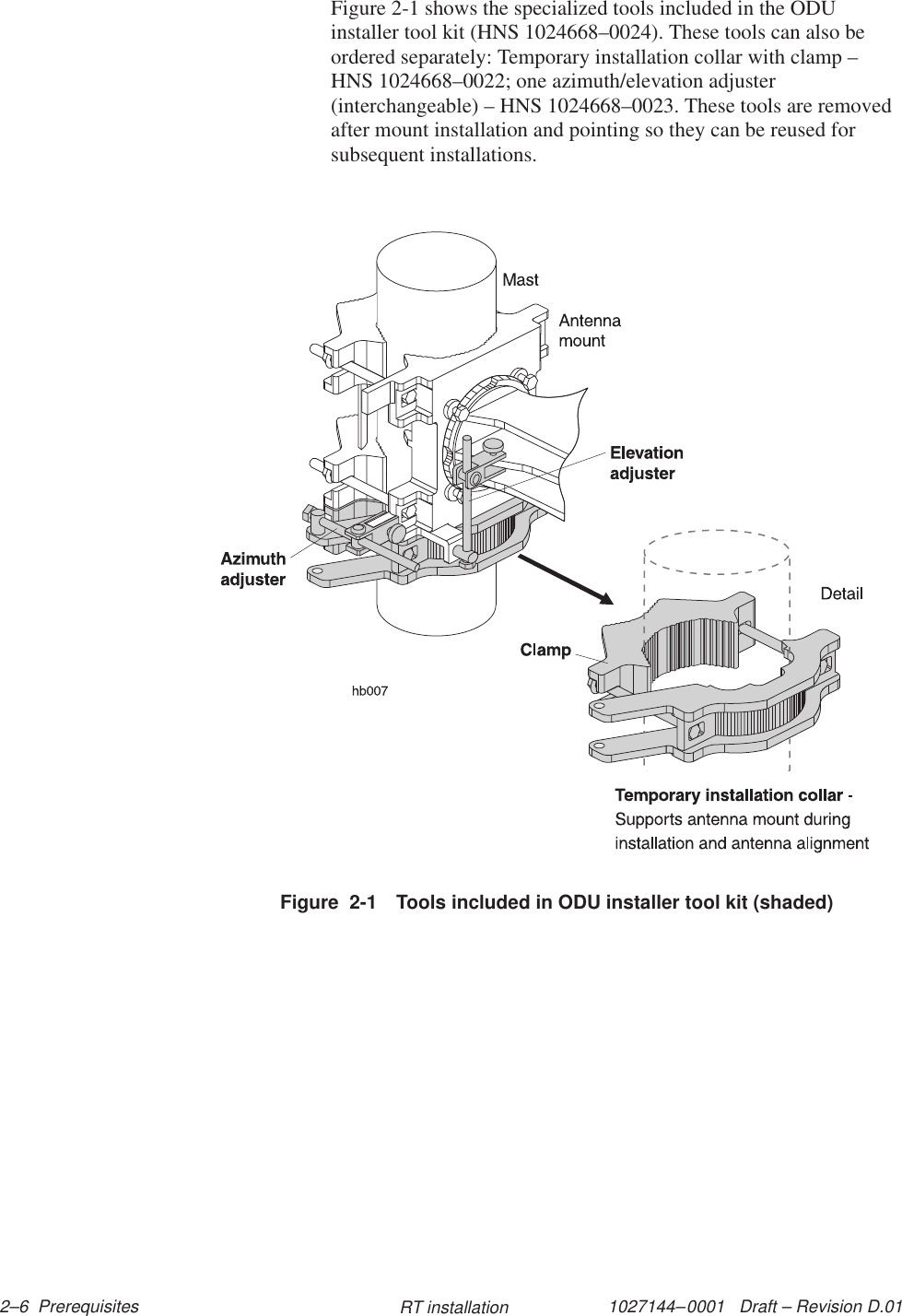 1027144–0001   Draft – Revision D.01 2–6  Prerequisites RT installationFigure 2-1 shows the specialized tools included in the ODUinstaller tool kit (HNS 1024668–0024). These tools can also beordered separately: Temporary installation collar with clamp –HNS 1024668–0022; one azimuth/elevation adjuster(interchangeable) – HNS 1024668–0023. These tools are removedafter mount installation and pointing so they can be reused forsubsequent installations.Figure  2-1 Tools included in ODU installer tool kit (shaded)