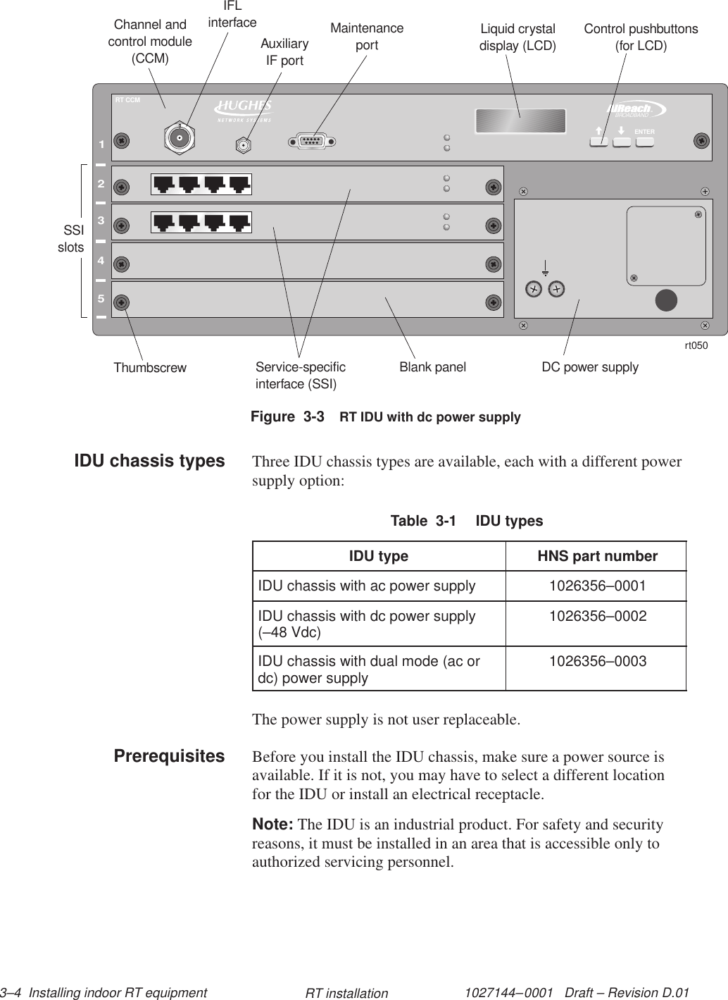 1027144–0001   Draft – Revision D.01 3–4  Installing indoor RT equipment RT installation12345rt050Channel andcontrol module(CCM)Service-specificinterface (SSI)Blank panelThumbscrew DC power supplyLiquid crystaldisplay (LCD)Control pushbuttons(for LCD)IFLinterface MaintenanceportSSIslotsTMBROADBANDENTERRT CCMAuxiliaryIF portFigure  3-3 RT IDU with dc power supplyThree IDU chassis types are available, each with a different powersupply option:Table  3-1  IDU typesIDU type HNS part numberIDU chassis with ac power supply 1026356–0001IDU chassis with dc power supply(–48 Vdc) 1026356–0002IDU chassis with dual mode (ac ordc) power supply 1026356–0003The power supply is not user replaceable.Before you install the IDU chassis, make sure a power source isavailable. If it is not, you may have to select a different locationfor the IDU or install an electrical receptacle.Note: The IDU is an industrial product. For safety and securityreasons, it must be installed in an area that is accessible only toauthorized servicing personnel.IDU chassis typesPrerequisites