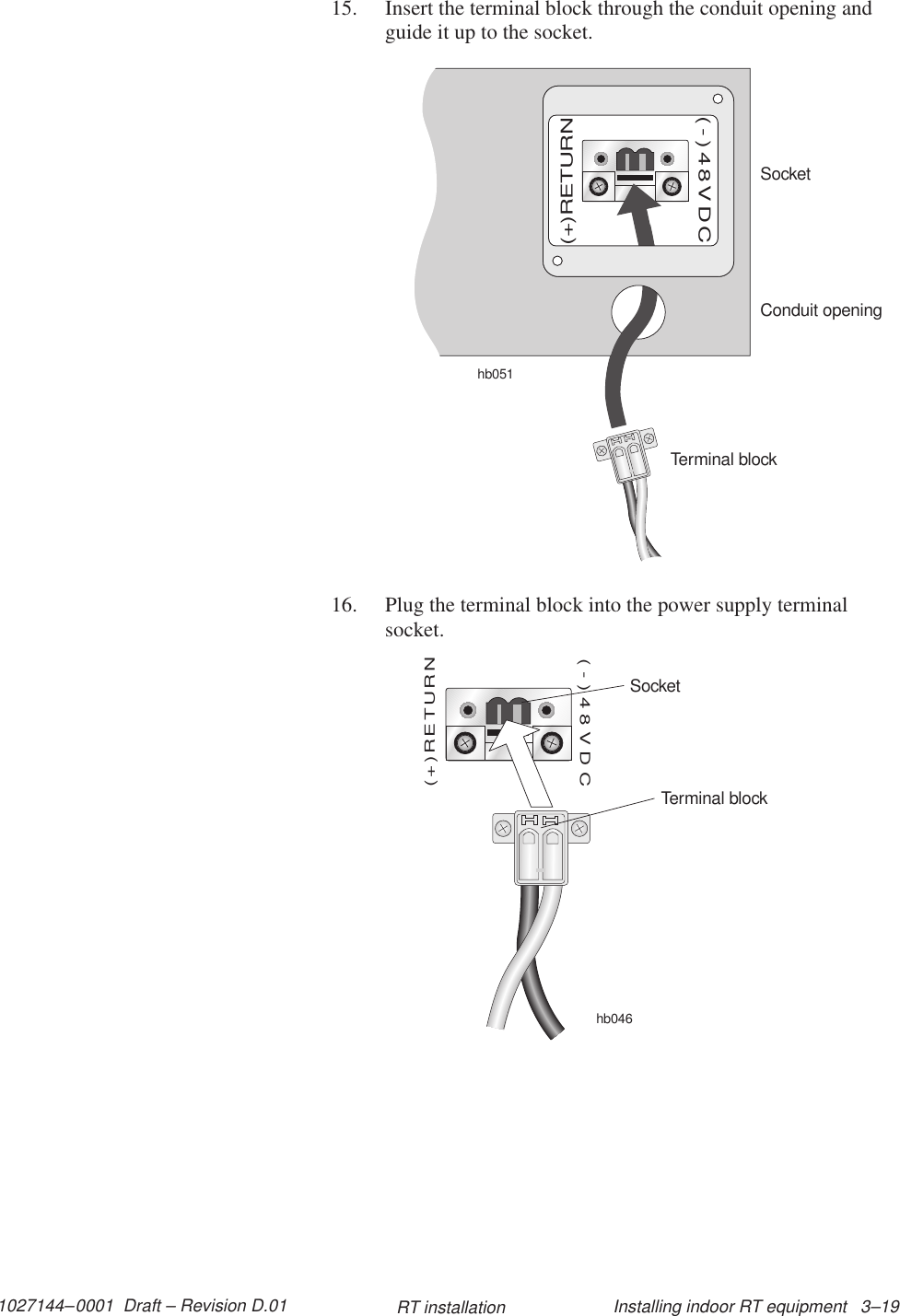 1027144–0001  Draft – Revision D.01 Installing indoor RT equipment   3–19RT installation15. Insert the terminal block through the conduit opening andguide it up to the socket.SocketTerminal blockConduit openinghb051(+)RETURN(-)48VDC16. Plug the terminal block into the power supply terminalsocket.hb046(+)RETURN(-)48VDCSocketTerminal block