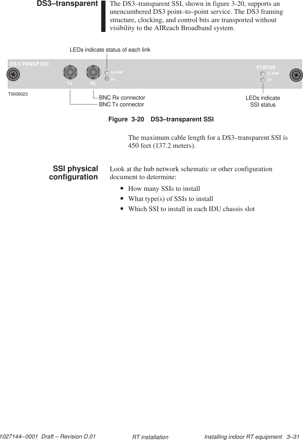 1027144–0001  Draft – Revision D.01 Installing indoor RT equipment   3–31RT installationThe DS3–transparent SSI, shown in figure 3-20, supports anunencumbered DS3 point–to–point service. The DS3 framingstructure, clocking, and control bits are transported withoutvisibility to the AIReach Broadband system.TxALARMOKRxTRNSP SSI3DST0006023 BNC Rx connectorBNC Tx connectorLEDs indicate status of each linkOKSTATUSLEDs indicateSSI statusALARMFigure  3-20 DS3–transparent SSIThe maximum cable length for a DS3–transparent SSI is450 feet (137.2 meters).Look at the hub network schematic or other configurationdocument to determine:•How many SSIs to install•What type(s) of SSIs to install•Which SSI to install in each IDU chassis slotDS3–transparentSSI physicalconfiguration