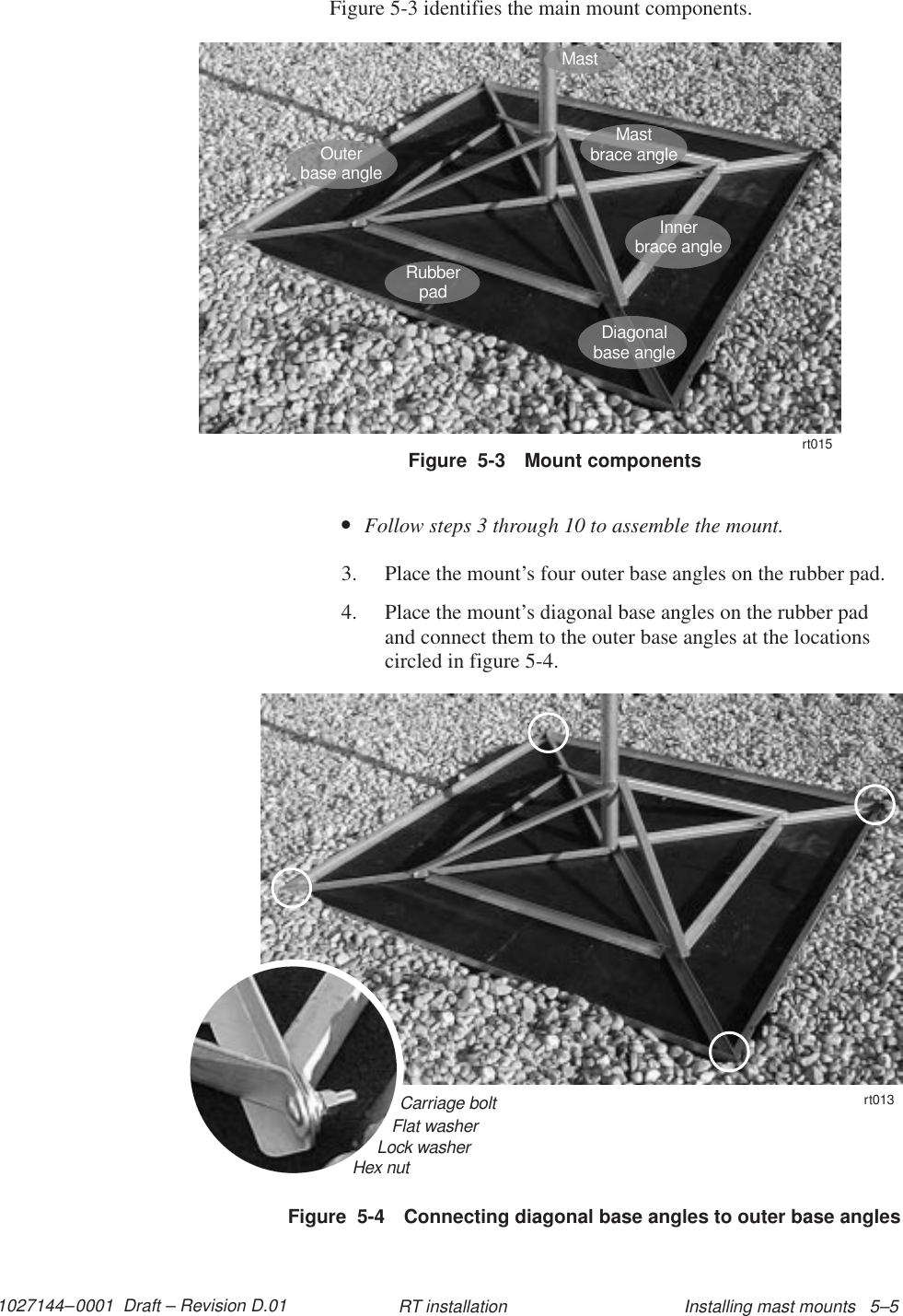 1027144–0001  Draft – Revision D.01 Installing mast mounts   5–5RT installationFigure 5-3 identifies the main mount components.Figure  5-3 Mount componentsOuterbase angleDiagonalbase angleInnerbrace angleMastMastbrace anglert015Rubberpad•Follow steps 3 through 10 to assemble the mount.3. Place the mount’s four outer base angles on the rubber pad.4. Place the mount’s diagonal base angles on the rubber padand connect them to the outer base angles at the locationscircled in figure 5-4.Figure  5-4 Connecting diagonal base angles to outer base anglesCarriage bolt11112222Flat washerLock washerHex nutrt013