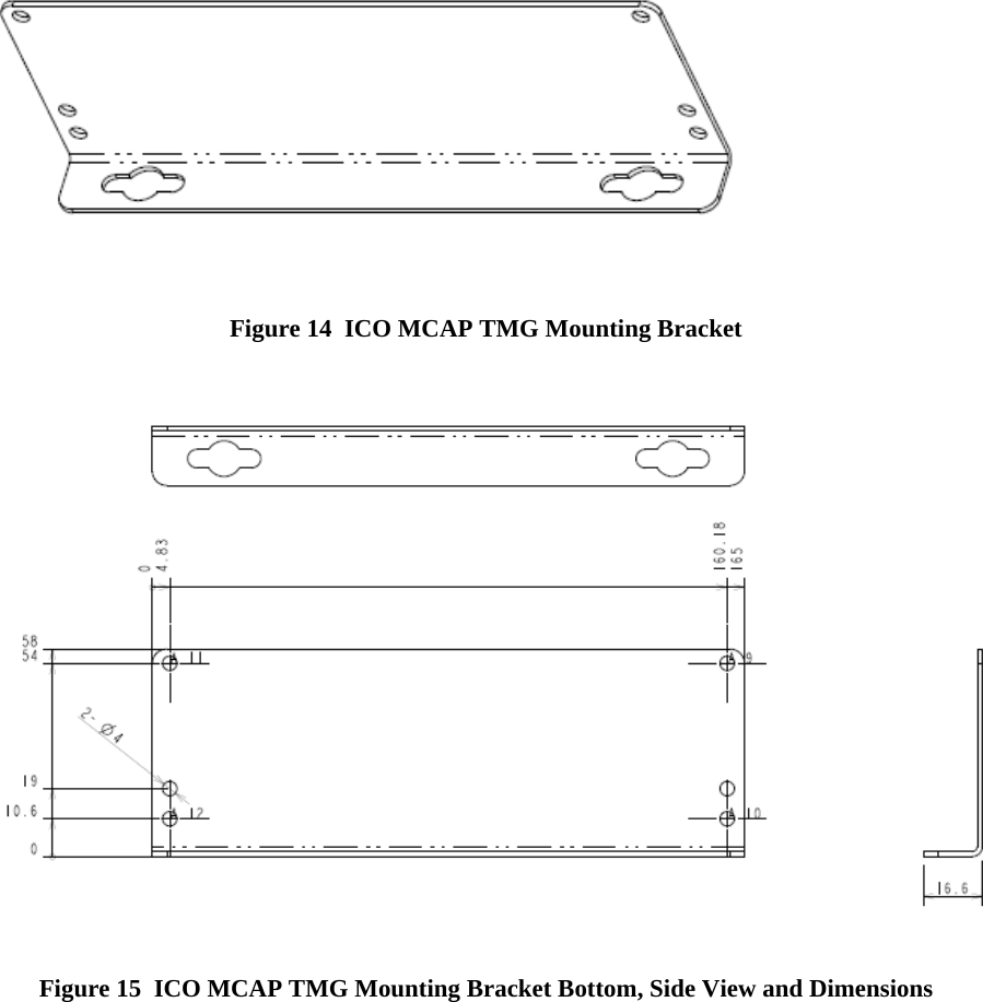   Figure 14  ICO MCAP TMG Mounting Bracket    Figure 15  ICO MCAP TMG Mounting Bracket Bottom, Side View and Dimensions     