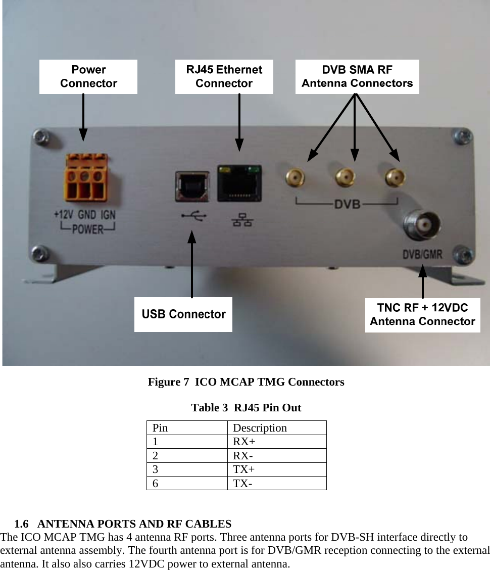   Figure 7  ICO MCAP TMG Connectors Table 3  RJ45 Pin Out Pin Description 1 RX+ 2 RX- 3 TX+ 6 TX-   1.6   ANTENNA PORTS AND RF CABLES The ICO MCAP TMG has 4 antenna RF ports. Three antenna ports for DVB-SH interface directly to external antenna assembly. The fourth antenna port is for DVB/GMR reception connecting to the external antenna. It also also carries 12VDC power to external antenna.  