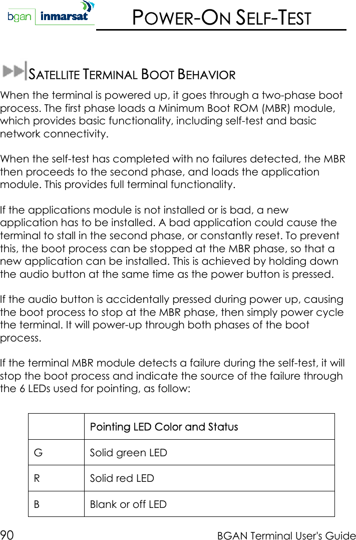 90 BGAN Terminal User&apos;s GuidePOWER-ON SELF-TESTSATELLITE TERMINAL BOOT BEHAVIORWhen the terminal is powered up, it goes through a two-phase bootprocess. The first phase loads a Minimum Boot ROM (MBR) module,which provides basic functionality, including self-test and basicnetwork connectivity.When the self-test has completed with no failures detected, the MBRthen proceeds to the second phase, and loads the applicationmodule. This provides full terminal functionality.If the applications module is not installed or is bad, a newapplication has to be installed. A bad application could cause theterminal to stall in the second phase, or constantly reset. To preventthis, the boot process can be stopped at the MBR phase, so that anew application can be installed. This is achieved by holding downthe audio button at the same time as the power button is pressed.If the audio button is accidentally pressed during power up, causingthe boot process to stop at the MBR phase, then simply power cyclethe terminal. It will power-up through both phases of the bootprocess.If the terminal MBR module detects a failure during the self-test, it willstop the boot process and indicate the source of the failure throughthe 6 LEDs used for pointing, as follow:Pointing LED Color and StatusG Solid green LEDR Solid red LEDB Blank or off LED