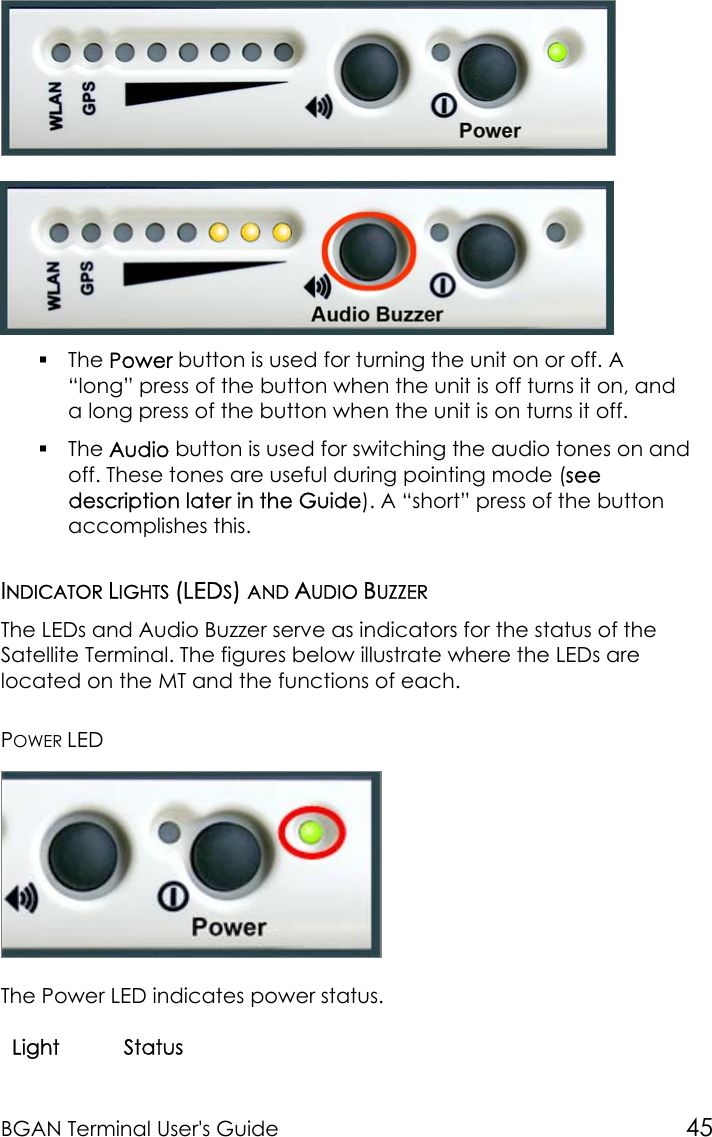 BGAN Terminal User&apos;s Guide 45 The Power button is used for turning the unit on or off. A“long” press of the button when the unit is off turns it on, anda long press of the button when the unit is on turns it off. The Audio button is used for switching the audio tones on andoff. These tones are useful during pointing mode (seedescription later in the Guide). A “short” press of the buttonaccomplishes this.INDICATOR LIGHTS (LEDS) AND AUDIO BUZZERThe LEDs and Audio Buzzer serve as indicators for the status of theSatellite Terminal. The figures below illustrate where the LEDs arelocated on the MT and the functions of each.POWER LEDThe Power LED indicates power status.Light Status