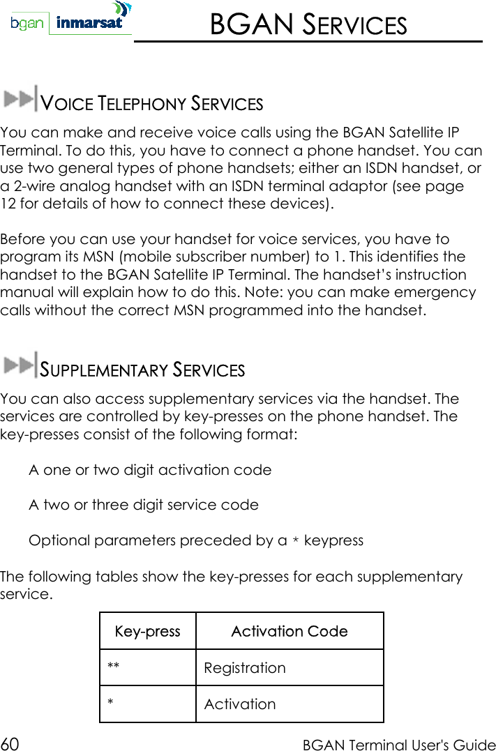 60 BGAN Terminal User&apos;s GuideBGAN SERVICESVOICE TELEPHONY SERVICESYou can make and receive voice calls using the BGAN Satellite IPTerminal. To do this, you have to connect a phone handset. You canuse two general types of phone handsets; either an ISDN handset, ora 2-wire analog handset with an ISDN terminal adaptor (see page12 for details of how to connect these devices).Before you can use your handset for voice services, you have toprogram its MSN (mobile subscriber number) to 1. This identifies thehandset to the BGAN Satellite IP Terminal. The handset’s instructionmanual will explain how to do this. Note: you can make emergencycalls without the correct MSN programmed into the handset.SUPPLEMENTARY SERVICESYou can also access supplementary services via the handset. Theservices are controlled by key-presses on the phone handset. Thekey-presses consist of the following format:A one or two digit activation codeA two or three digit service codeOptional parameters preceded by a * keypressThe following tables show the key-presses for each supplementaryservice.Key-press Activation Code** Registration*Activation