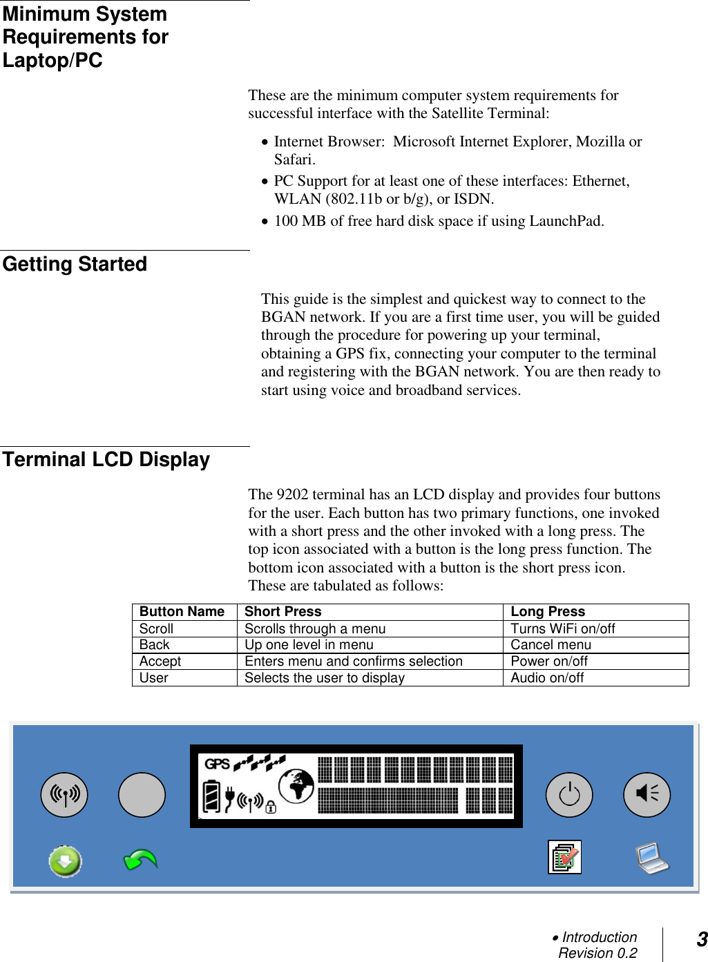  Introduction Revision 0.2 3  Minimum System Requirements for Laptop/PC These are the minimum computer system requirements for successful interface with the Satellite Terminal:  Internet Browser:  Microsoft Internet Explorer, Mozilla or Safari.   PC Support for at least one of these interfaces: Ethernet, WLAN (802.11b or b/g), or ISDN.  100 MB of free hard disk space if using LaunchPad. Getting Started This guide is the simplest and quickest way to connect to the BGAN network. If you are a first time user, you will be guided through the procedure for powering up your terminal, obtaining a GPS fix, connecting your computer to the terminal and registering with the BGAN network. You are then ready to start using voice and broadband services.  Terminal LCD Display  The 9202 terminal has an LCD display and provides four buttons for the user. Each button has two primary functions, one invoked with a short press and the other invoked with a long press. The top icon associated with a button is the long press function. The bottom icon associated with a button is the short press icon. These are tabulated as follows:       Button Name Short Press Long Press Scroll Scrolls through a menu Turns WiFi on/off Back Up one level in menu Cancel menu Accept Enters menu and confirms selection Power on/off User Selects the user to display Audio on/off    