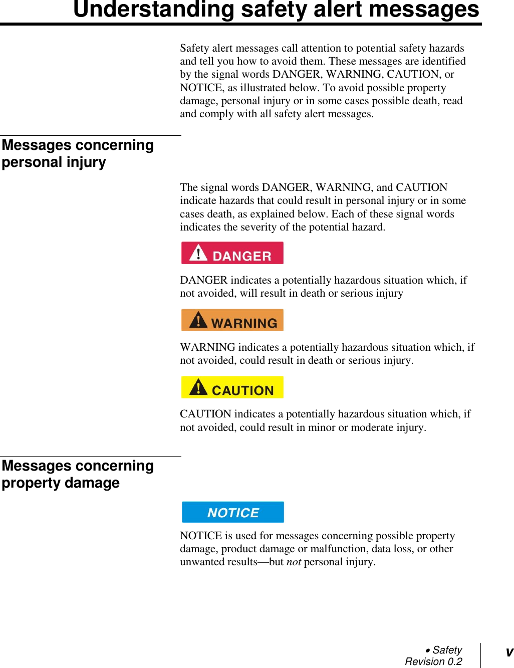  Safety Revision 0.2 v  Understanding safety alert messages Safety alert messages call attention to potential safety hazards and tell you how to avoid them. These messages are identified by the signal words DANGER, WARNING, CAUTION, or NOTICE, as illustrated below. To avoid possible property damage, personal injury or in some cases possible death, read and comply with all safety alert messages. Messages concerning personal injury The signal words DANGER, WARNING, and CAUTION indicate hazards that could result in personal injury or in some cases death, as explained below. Each of these signal words indicates the severity of the potential hazard.    DANGER indicates a potentially hazardous situation which, if not avoided, will result in death or serious injury    WARNING indicates a potentially hazardous situation which, if not avoided, could result in death or serious injury.    CAUTION indicates a potentially hazardous situation which, if not avoided, could result in minor or moderate injury. Messages concerning property damage  NOTICE is used for messages concerning possible property damage, product damage or malfunction, data loss, or other unwanted results—but not personal injury. 