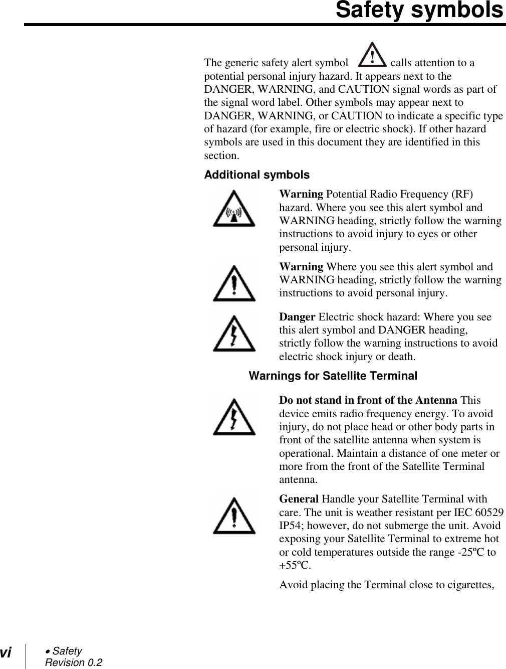 vi  Safety Revision 0.2  Safety symbols The generic safety alert symbol  calls attention to a potential personal injury hazard. It appears next to the DANGER, WARNING, and CAUTION signal words as part of the signal word label. Other symbols may appear next to DANGER, WARNING, or CAUTION to indicate a specific type of hazard (for example, fire or electric shock). If other hazard symbols are used in this document they are identified in this section. Additional symbols  Warning Potential Radio Frequency (RF) hazard. Where you see this alert symbol and WARNING heading, strictly follow the warning instructions to avoid injury to eyes or other personal injury.  Warning Where you see this alert symbol and WARNING heading, strictly follow the warning instructions to avoid personal injury.  Danger Electric shock hazard: Where you see this alert symbol and DANGER heading, strictly follow the warning instructions to avoid electric shock injury or death.  Warnings for Satellite Terminal  Do not stand in front of the Antenna This device emits radio frequency energy. To avoid injury, do not place head or other body parts in front of the satellite antenna when system is operational. Maintain a distance of one meter or more from the front of the Satellite Terminal antenna.  General Handle your Satellite Terminal with care. The unit is weather resistant per IEC 60529 IP54; however, do not submerge the unit. Avoid exposing your Satellite Terminal to extreme hot or cold temperatures outside the range -25ºC to +55ºC. Avoid placing the Terminal close to cigarettes, 