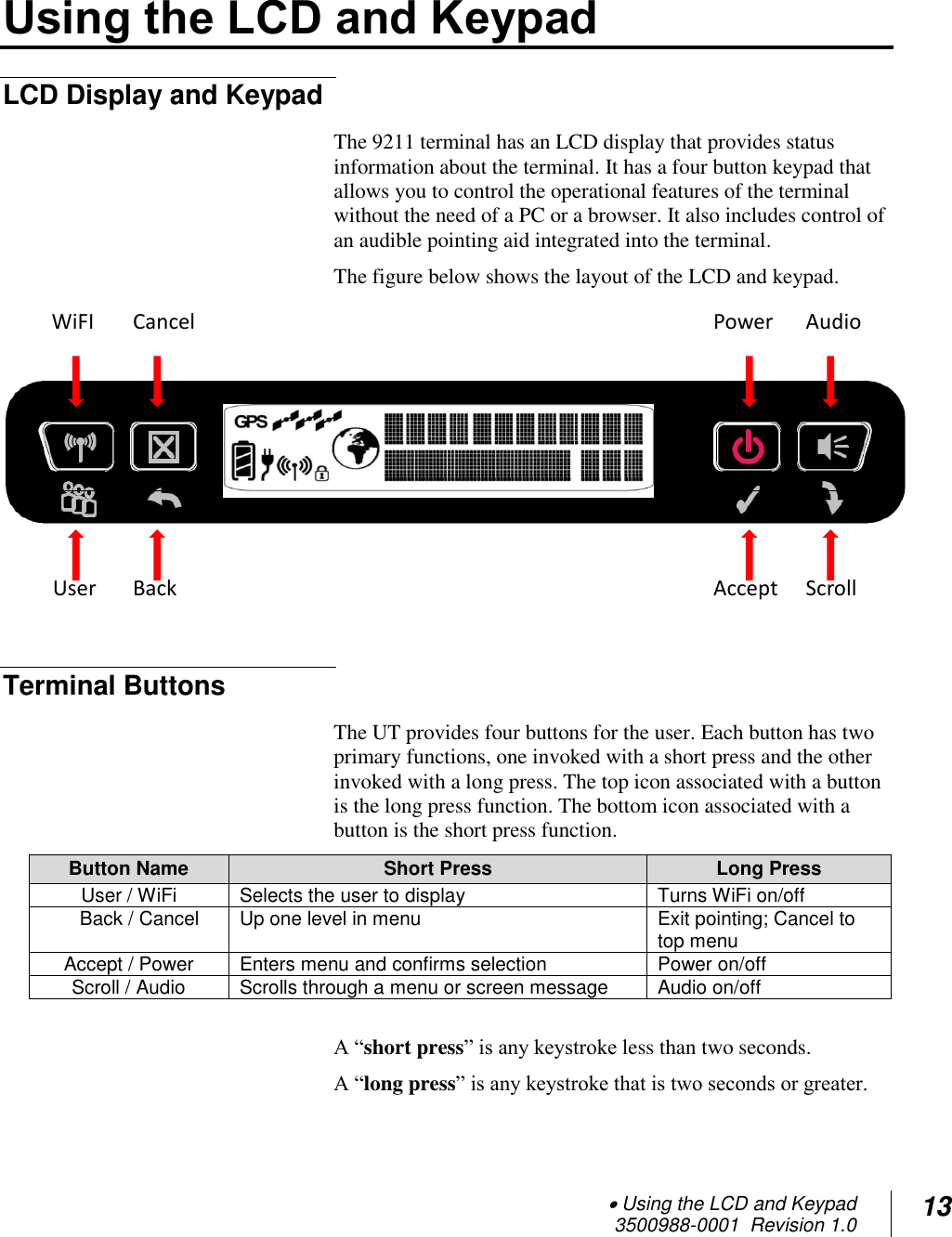  Using the LCD and Keypad  3500988-0001  Revision 1.0 13  Using the LCD and Keypad LCD Display and Keypad The 9211 terminal has an LCD display that provides status information about the terminal. It has a four button keypad that allows you to control the operational features of the terminal without the need of a PC or a browser. It also includes control of an audible pointing aid integrated into the terminal. The figure below shows the layout of the LCD and keypad.   Terminal Buttons The UT provides four buttons for the user. Each button has two primary functions, one invoked with a short press and the other invoked with a long press. The top icon associated with a button is the long press function. The bottom icon associated with a button is the short press function.  Button Name Short Press Long Press User / WiFi Selects the user to display Turns WiFi on/off     Back / Cancel Up one level in menu Exit pointing; Cancel to top menu Accept / Power Enters menu and confirms selection Power on/off Scroll / Audio Scrolls through a menu or screen message Audio on/off  A “short press” is any keystroke less than two seconds.  A “long press” is any keystroke that is two seconds or greater.  Scroll Back Scroll Accept User Audio Cancel Power WiFI  