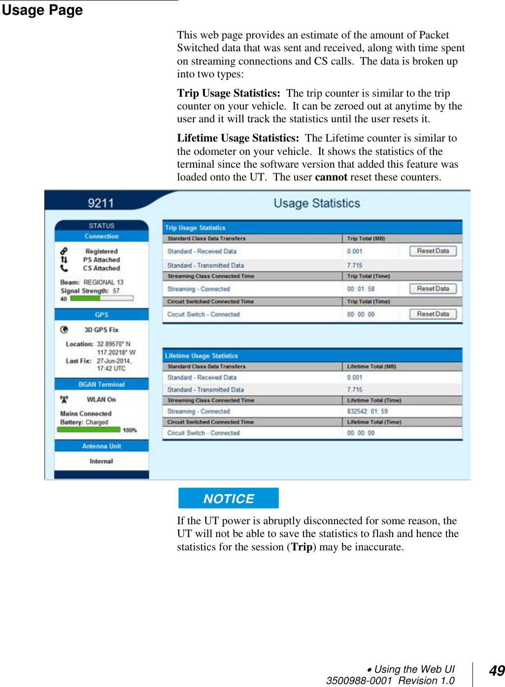  Using the Web UI  3500988-0001  Revision 1.0 49  Usage Page This web page provides an estimate of the amount of Packet Switched data that was sent and received, along with time spent on streaming connections and CS calls.  The data is broken up into two types: Trip Usage Statistics:  The trip counter is similar to the trip counter on your vehicle.  It can be zeroed out at anytime by the user and it will track the statistics until the user resets it. Lifetime Usage Statistics:  The Lifetime counter is similar to the odometer on your vehicle.  It shows the statistics of the terminal since the software version that added this feature was loaded onto the UT.  The user cannot reset these counters.    If the UT power is abruptly disconnected for some reason, the UT will not be able to save the statistics to flash and hence the statistics for the session (Trip) may be inaccurate.   