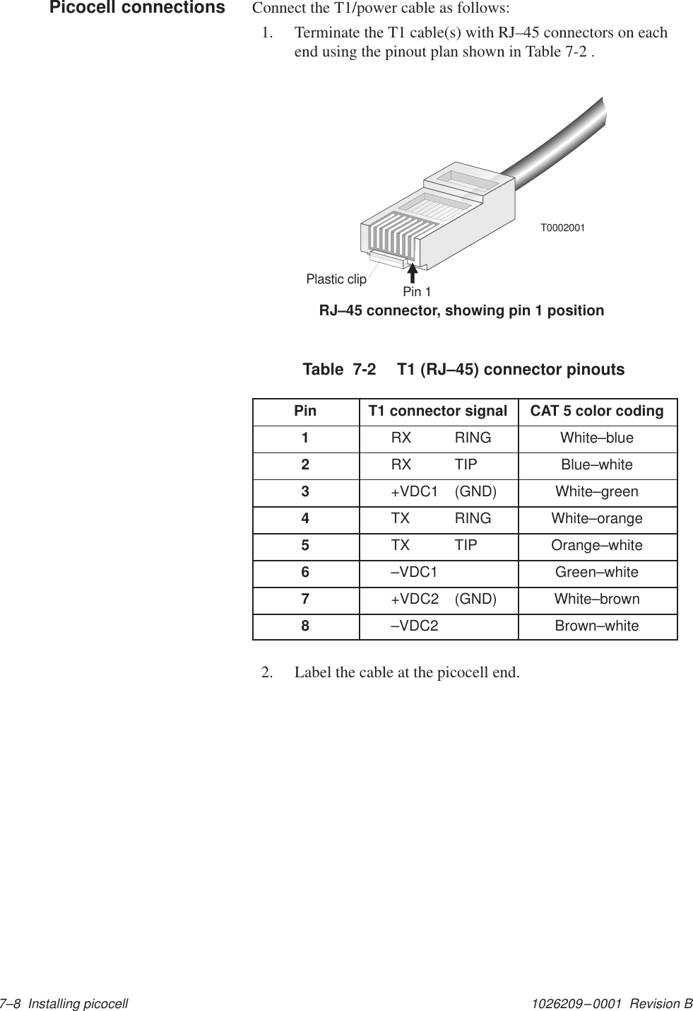 1026209–0001  Revision B 7–8  Installing picocellConnect the T1/power cable as follows:1. Terminate the T1 cable(s) with RJ–45 connectors on eachend using the pinout plan shown in Table 7-2 .Plastic clip Pin 1T0002001RJ–45 connector, showing pin 1 positionTable  7-2  T1 (RJ–45) connector pinouts Pin T1 connector signal CAT 5 color coding1RX RING White–blue2RX TIP Blue–white3+VDC1 (GND) White–green4TX RING White–orange5TX TIP Orange–white6–VDC1 Green–white7+VDC2 (GND) White–brown8–VDC2 Brown–white2. Label the cable at the picocell end.Picocell connections