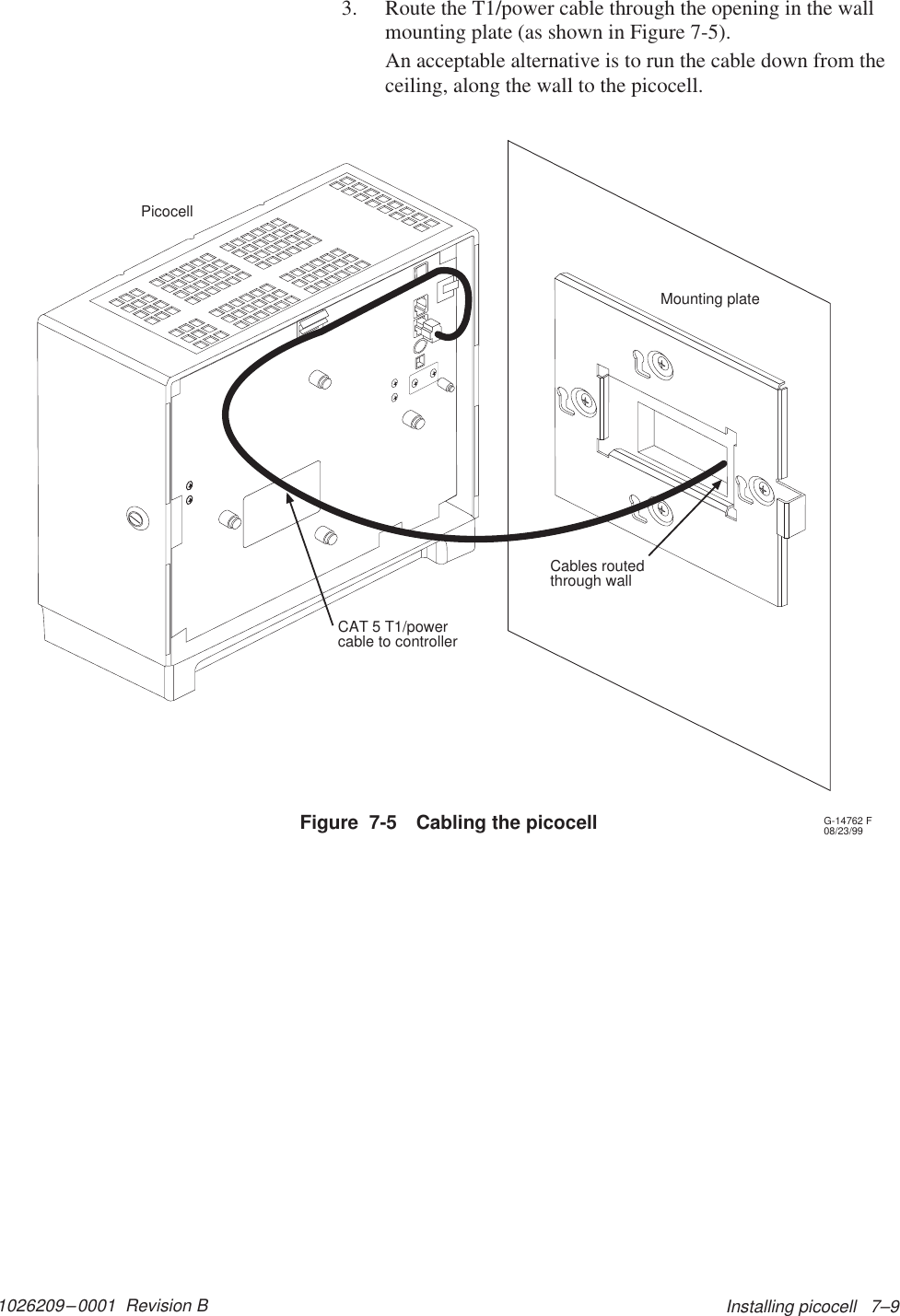 1026209–0001  Revision B Installing picocell   7–93. Route the T1/power cable through the opening in the wallmounting plate (as shown in Figure 7-5).An acceptable alternative is to run the cable down from theceiling, along the wall to the picocell.G-14762 F08/23/99Cables routedthrough wallCAT 5 T1/powercable to controllerMounting platePicocellFigure  7-5 Cabling the picocell